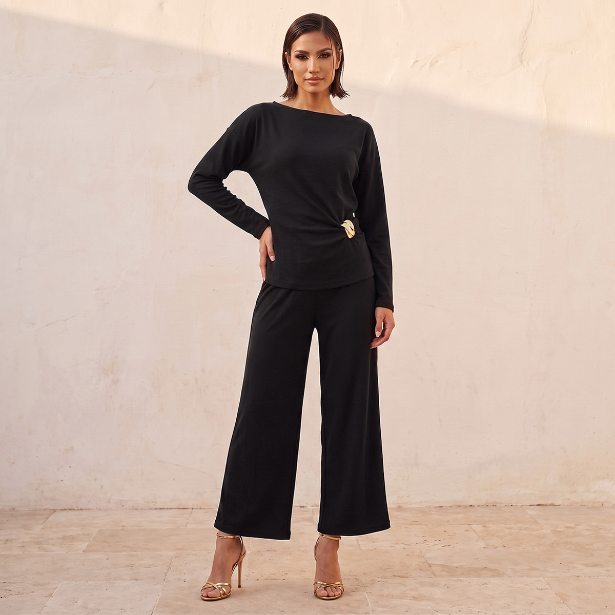 Splash Smart Wide Leg Elastic Waist Textured Pants-women-clothing-trousers-image-2