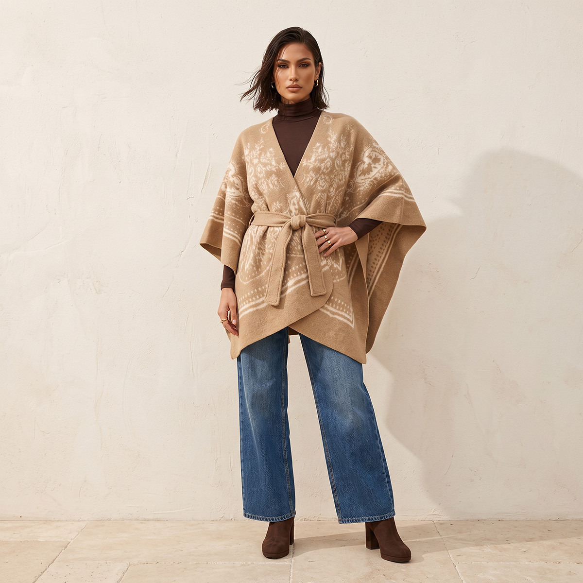 Splash Smart Relaxed Fit Printed Poncho with Tie-Up Belt-women-winterwear-cardigansandjumpers-cardigans-image-1