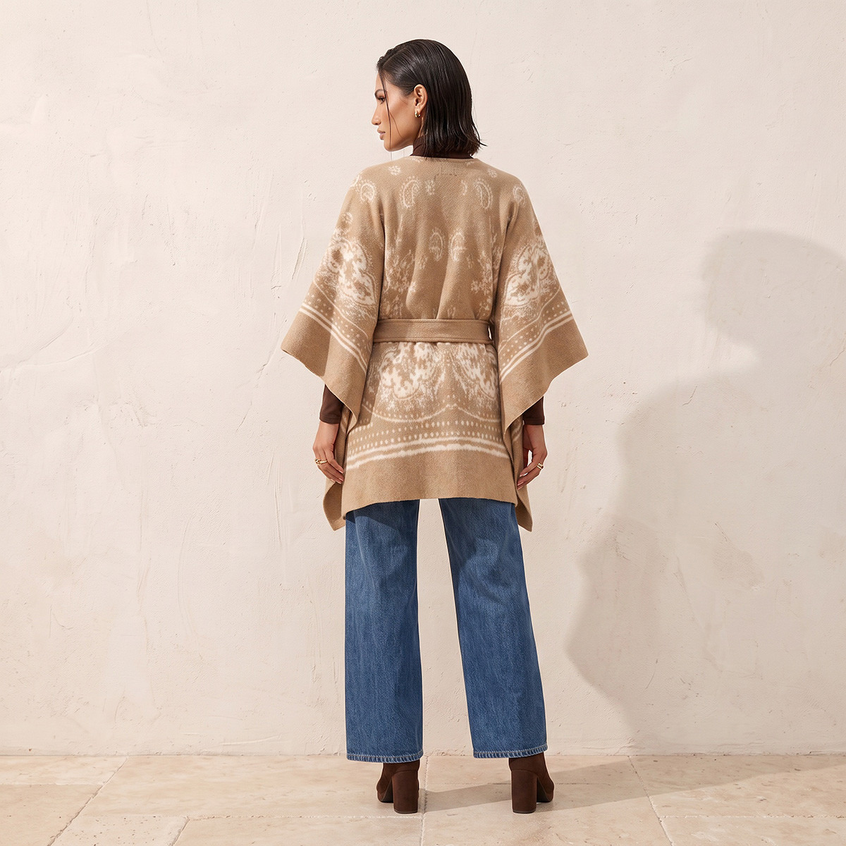 Splash Smart Relaxed Fit Printed Poncho with Tie-Up Belt-women-winterwear-cardigansandjumpers-cardigans-image-2