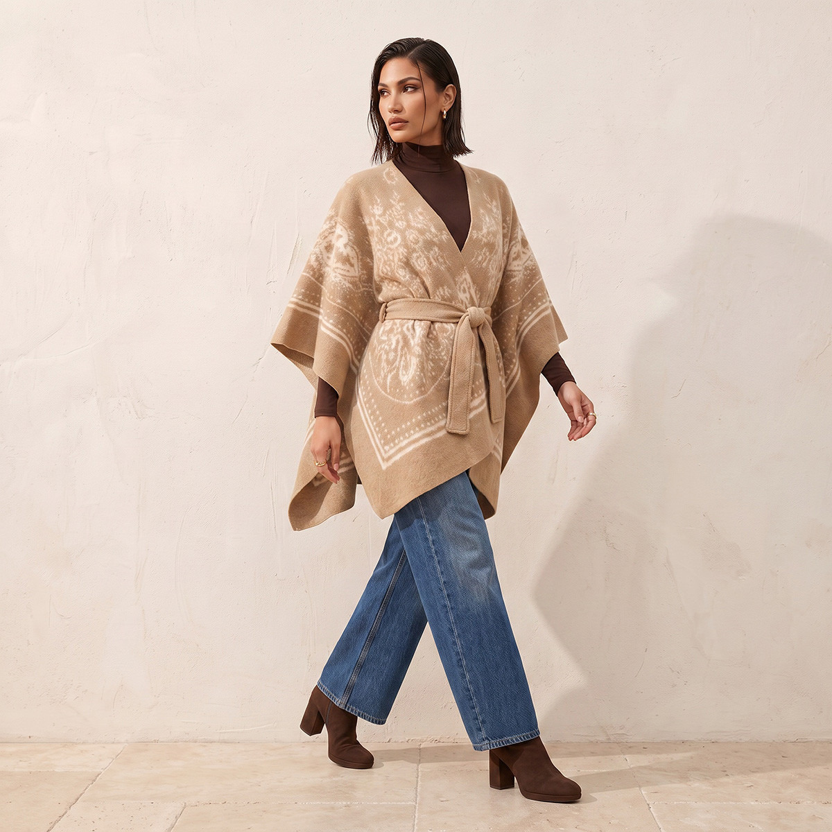 Splash Smart Relaxed Fit Printed Poncho with Tie-Up Belt-women-winterwear-cardigansandjumpers-cardigans-image-3