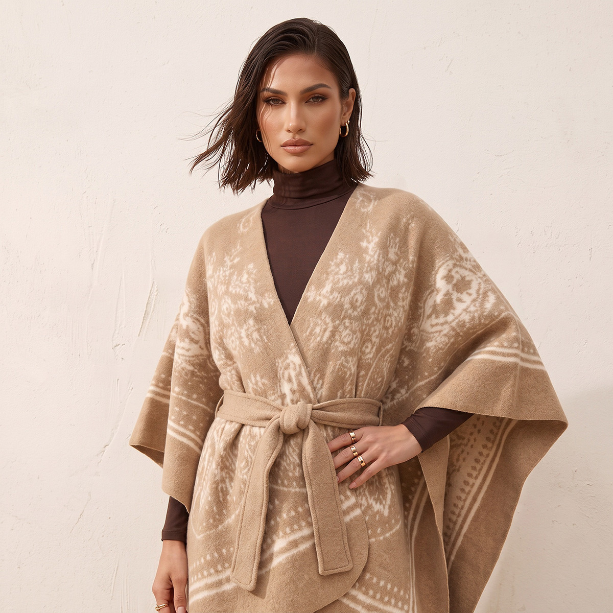 Splash Smart Relaxed Fit Printed Poncho with Tie-Up Belt-women-winterwear-cardigansandjumpers-cardigans-image-4