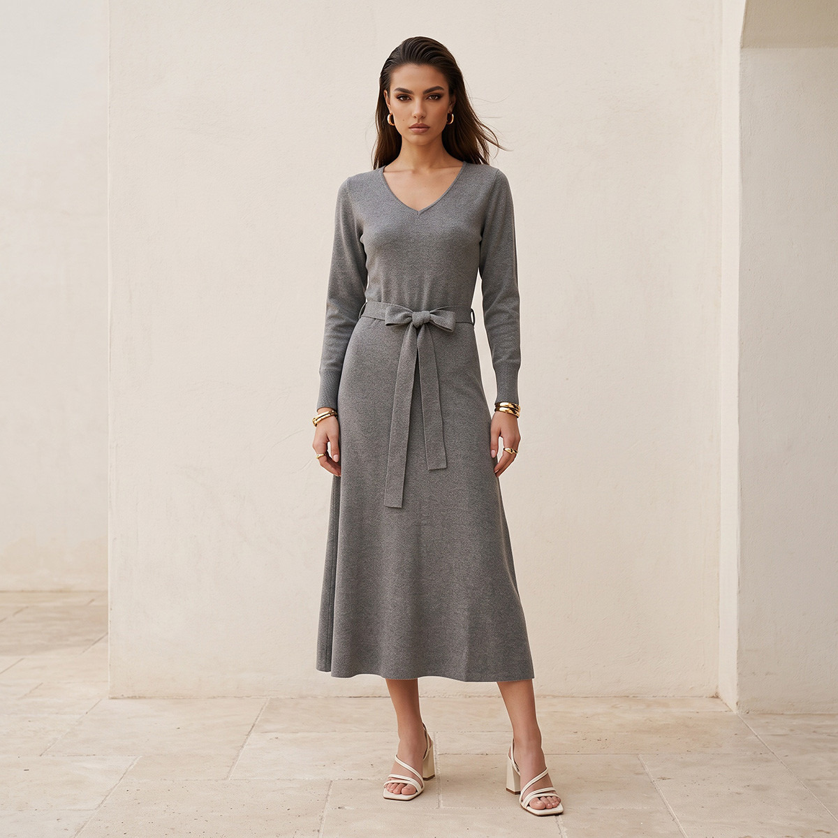 Splash Smart Textured A-line Dress with Tie-Up Belt-women-clothing-dresses-image-2