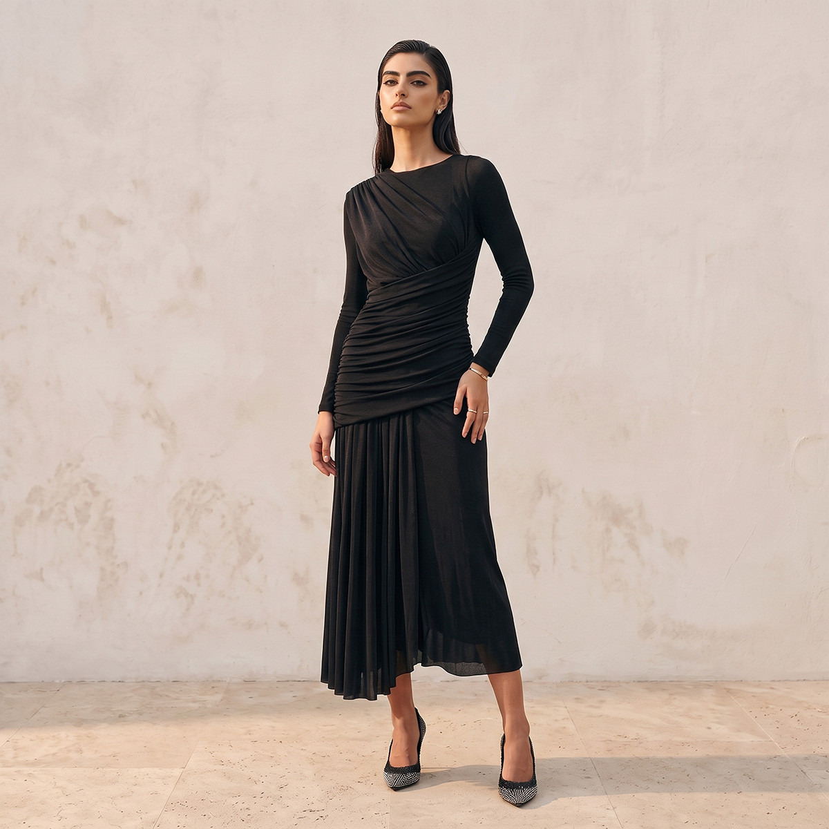 Splash Smart Midi Drape Dress with Ruched Detail-women-clothing-dresses-image-1