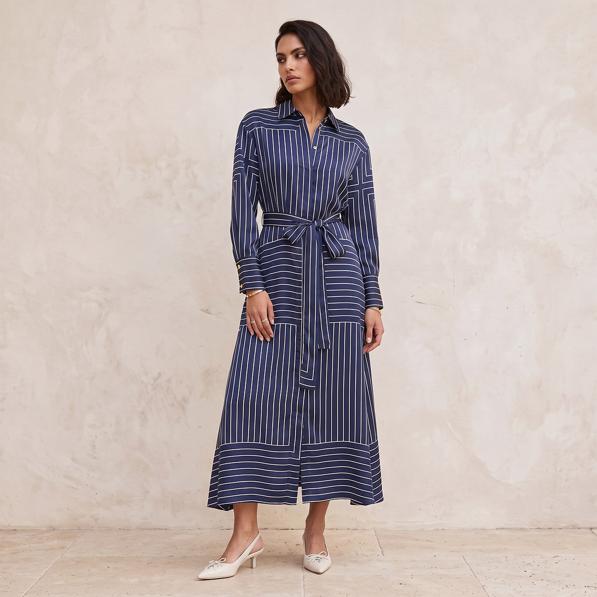 Splash Smart Maxi Satin Shirt Dress with Stripes-women-clothing-dresses-image-1