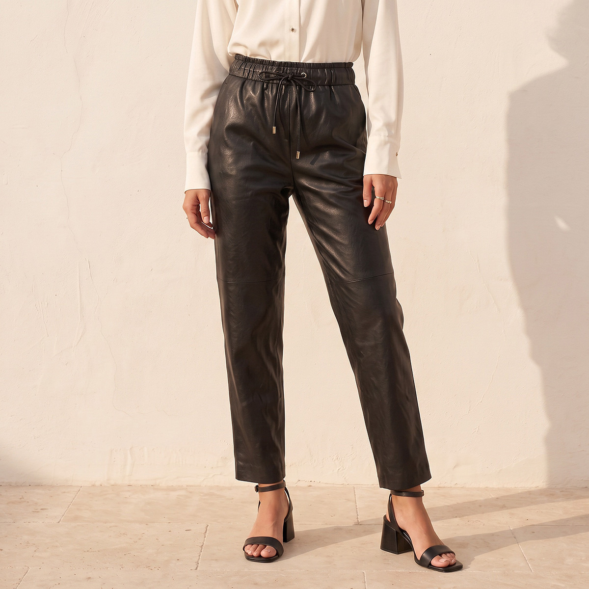 Splash Smart Pleather Trousers with Drawstring Trousers-women-clothing-trousers-image-1