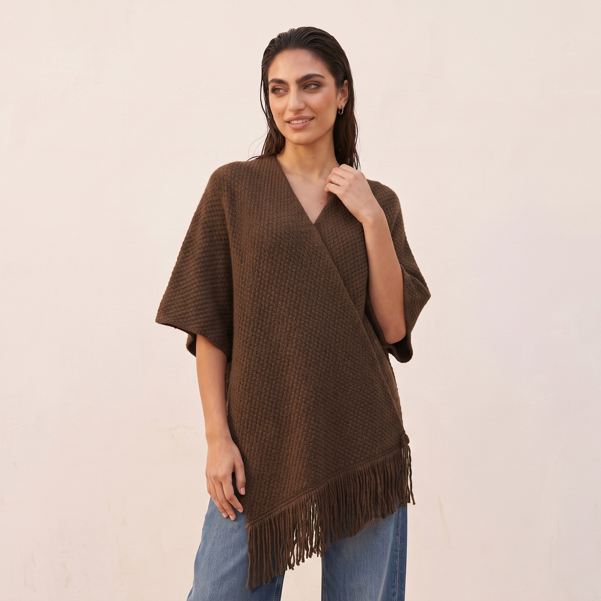 Splash Smart Textured V-neck Poncho-women-winterwear-cardigansandjumpers-cardigans-image-5