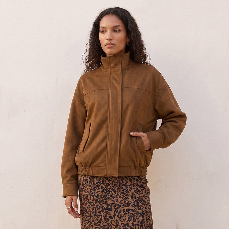 Splash Smart Suede Bomber Jacket with High Neck-women-winterwear-coatsandjackets-jackets-image-2