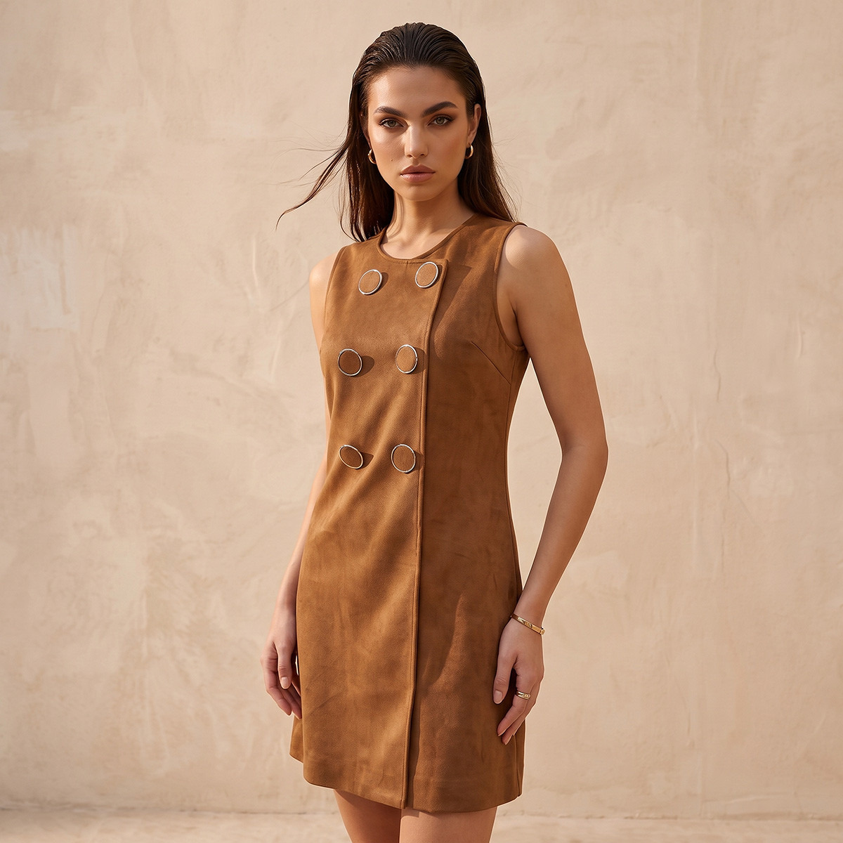 Splash Smart Mini Suede Shift Dress with Button Accent-women-clothing-dresses-image-1