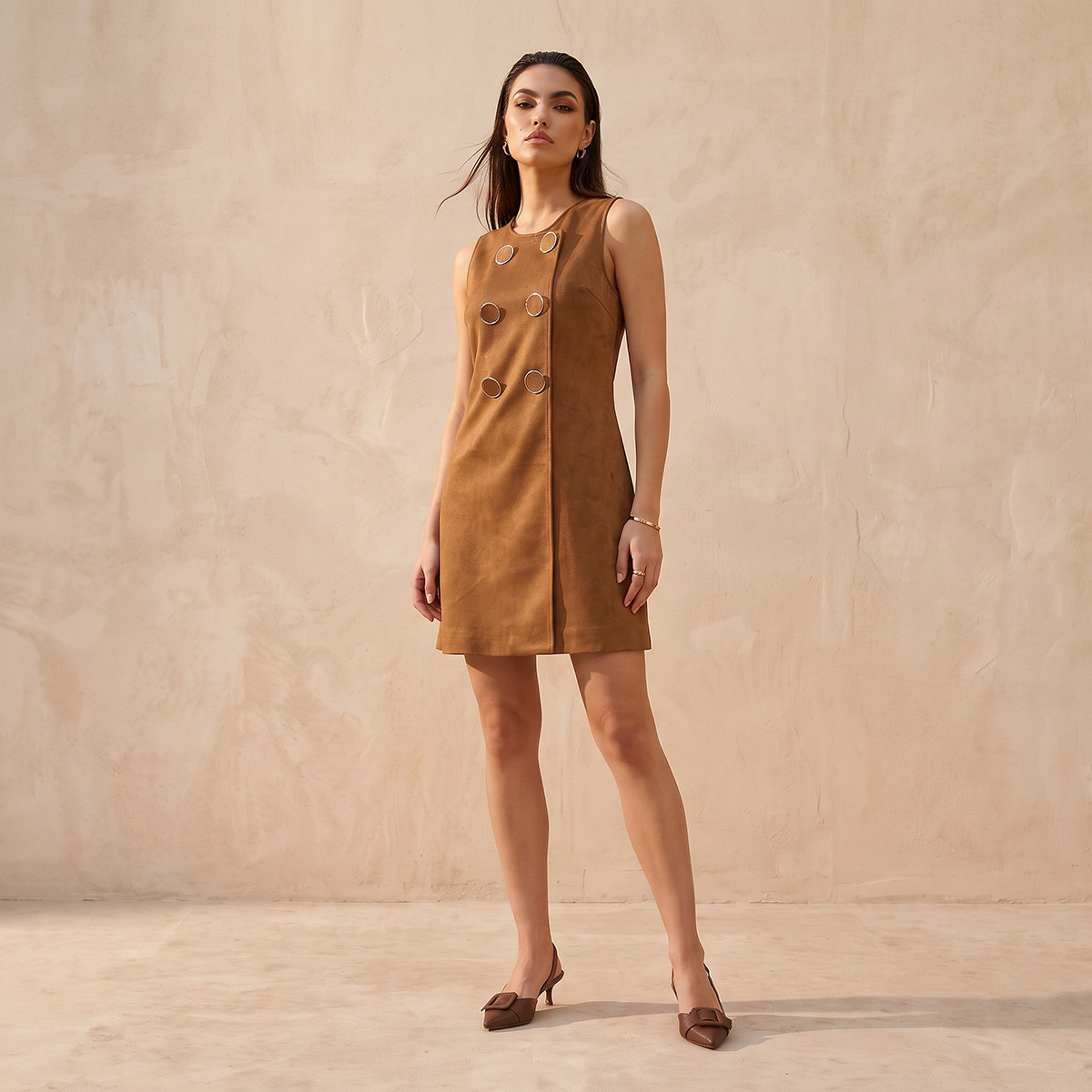 Splash Smart Mini Suede Shift Dress with Button Accent-women-clothing-dresses-image-2