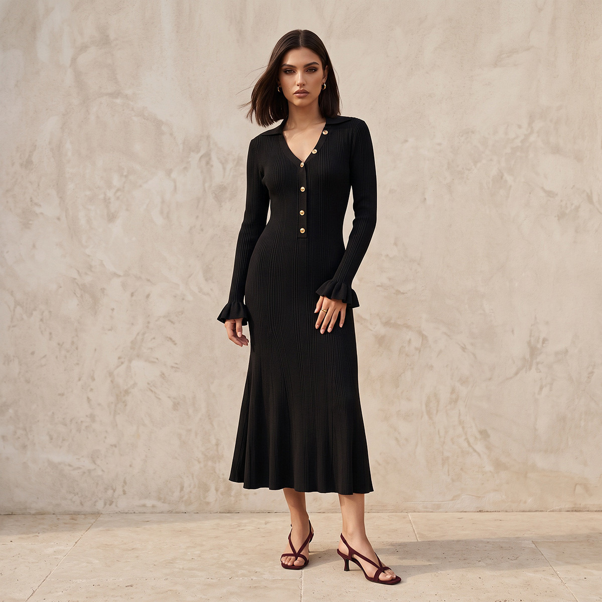Splash Smart Midi Bodycon Dress with Ribbed Design-women-clothing-dresses-image-2