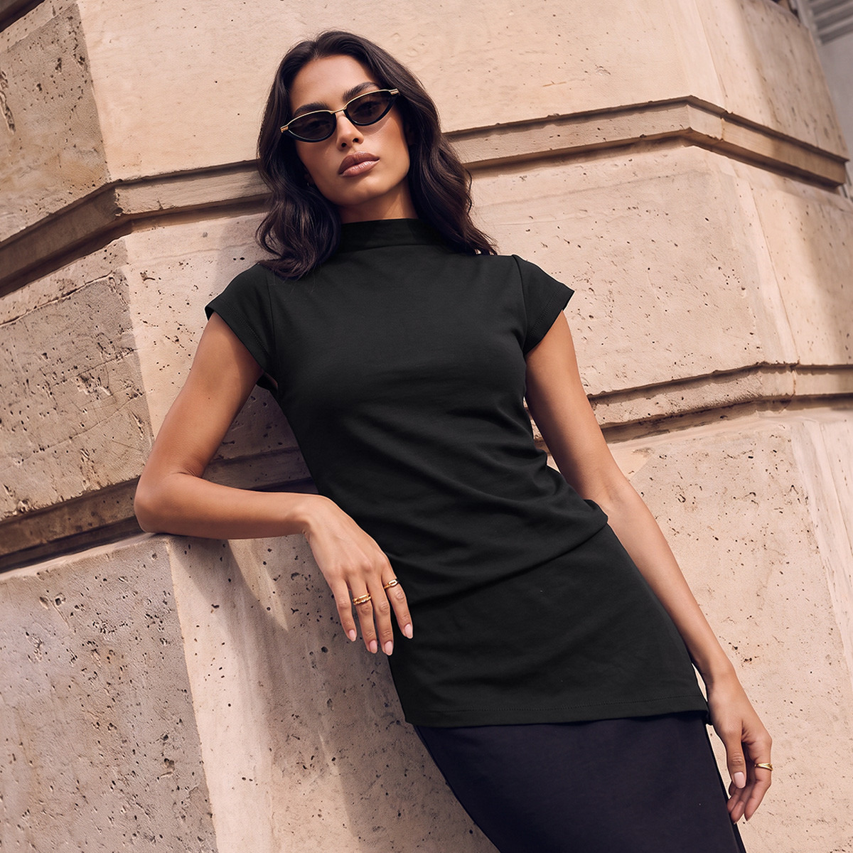 Splash Smart Asymmetric High Neck Short Sleeves Top-women-clothing-shirtsandblouses-blouses-image-1