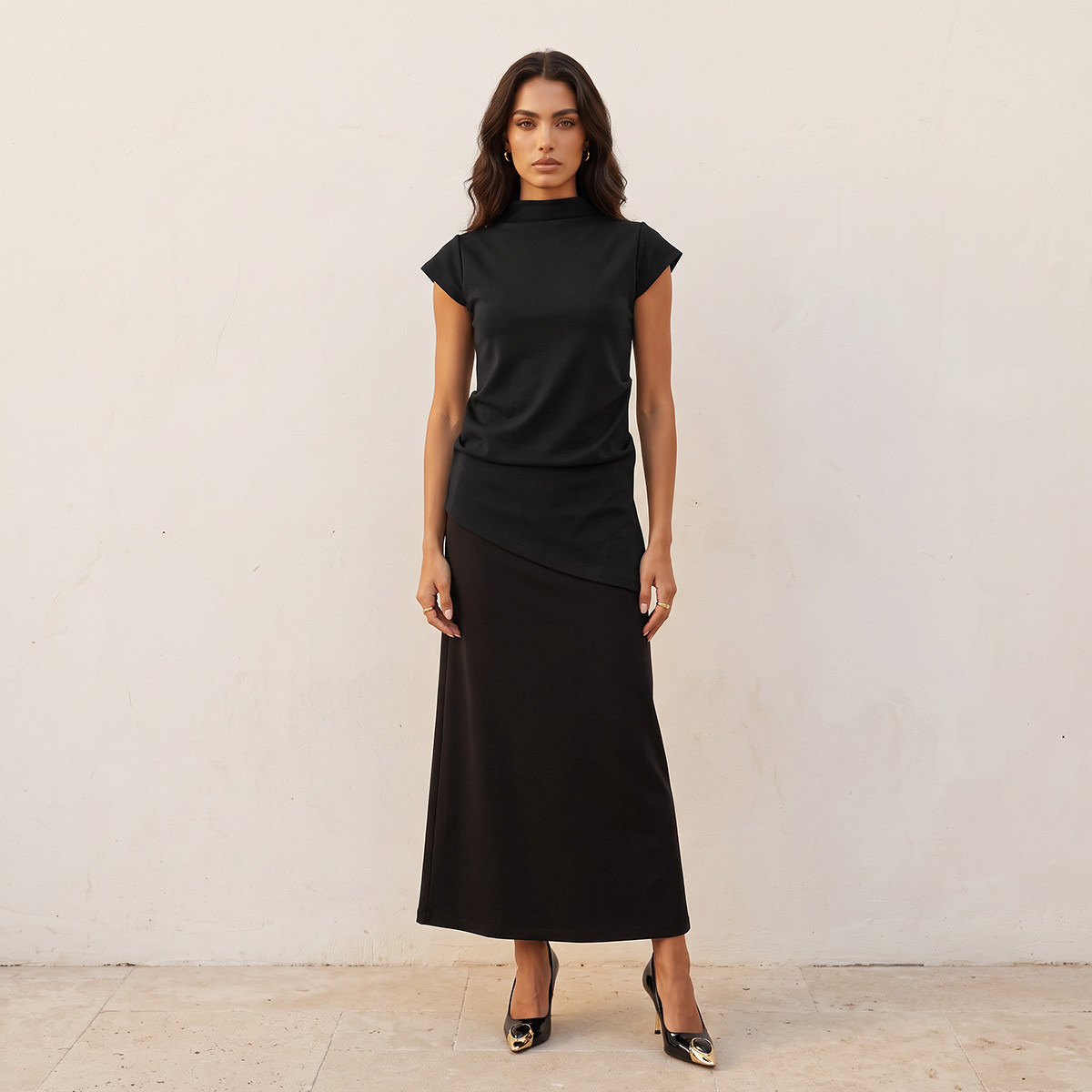 Splash Smart Asymmetric High Neck Short Sleeves Top-women-clothing-shirtsandblouses-blouses-image-2