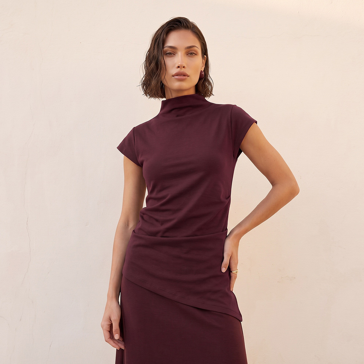 Splash Smart Asymmetric High Neck Short Sleeves Top-women-clothing-shirtsandblouses-blouses-image-4