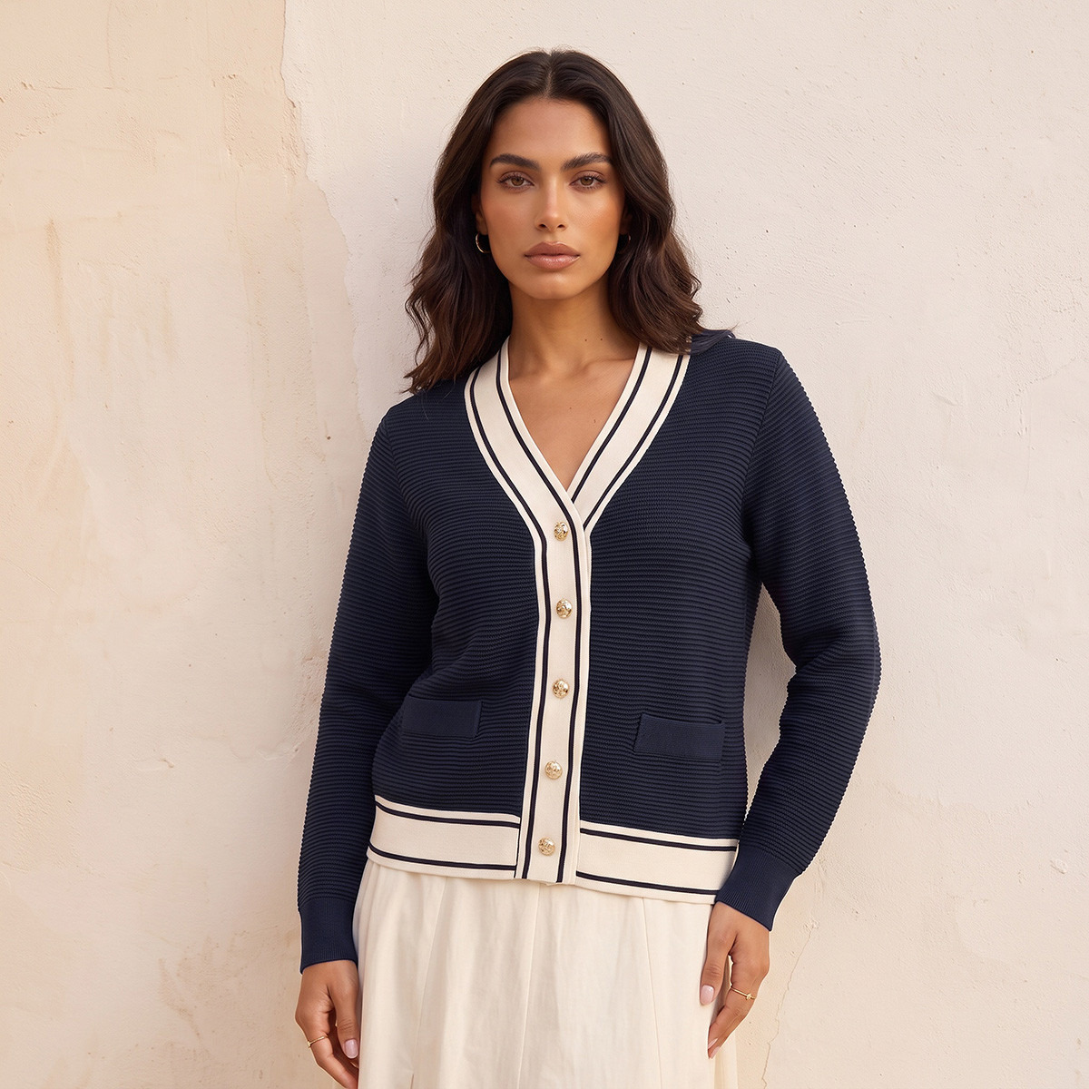 كارديجان مضلع بياقة V من سبلاش سمارت-women-winterwear-cardigansandjumpers-cardigans-image-1