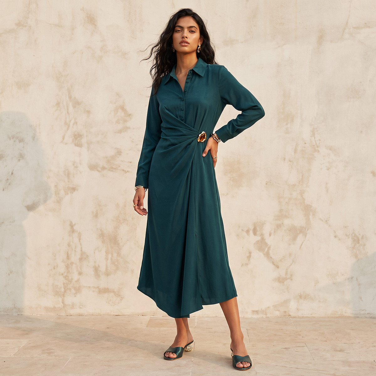 فستان قميص ميدي بكشكشة جانبية من سمارت من سبلاش-women-clothing-dresses-image-2