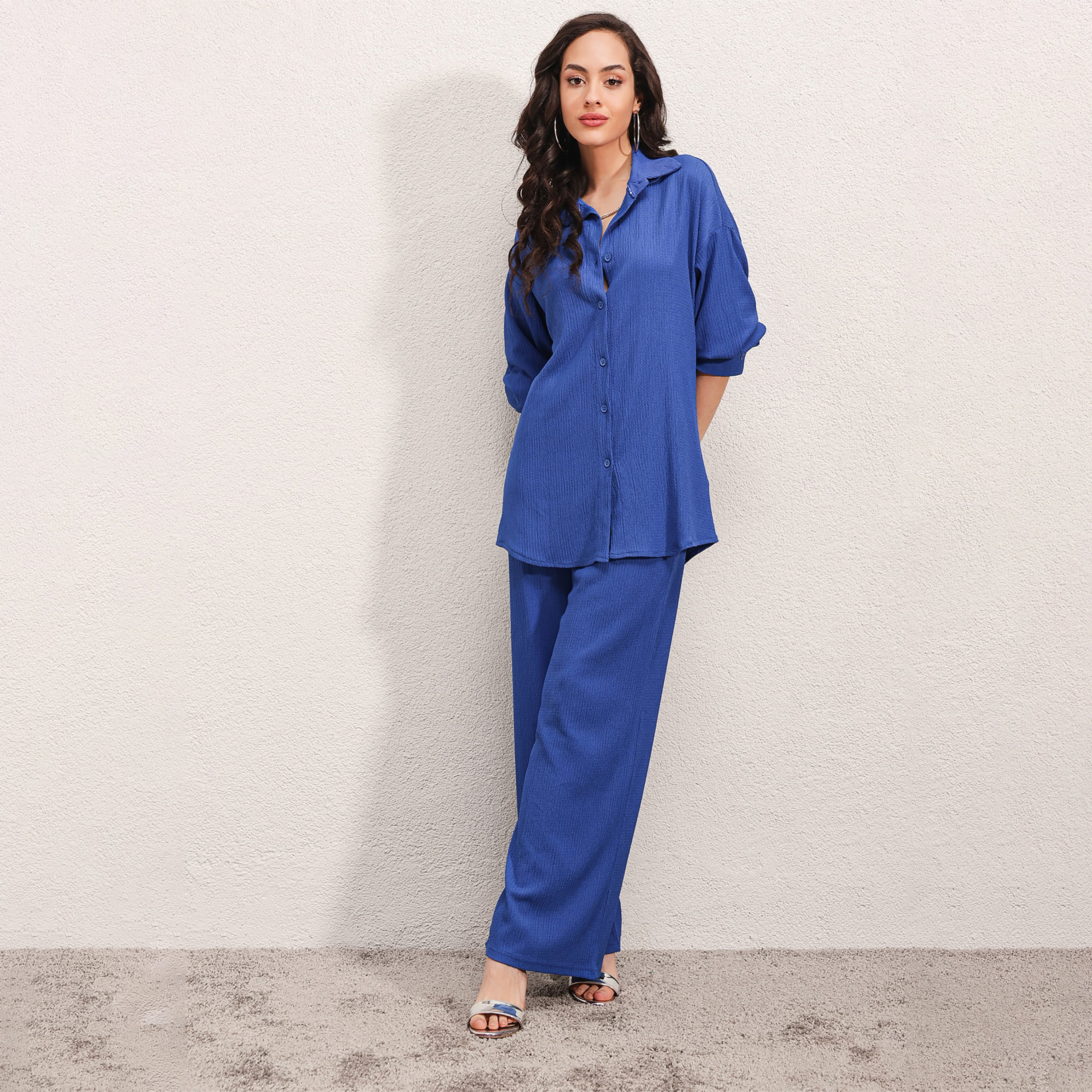 طقم نسائي بطبعة نباتية، قميص بأكمام منسدلة وسروال من بيجدارت-women-clothing-coordsets-image-2
