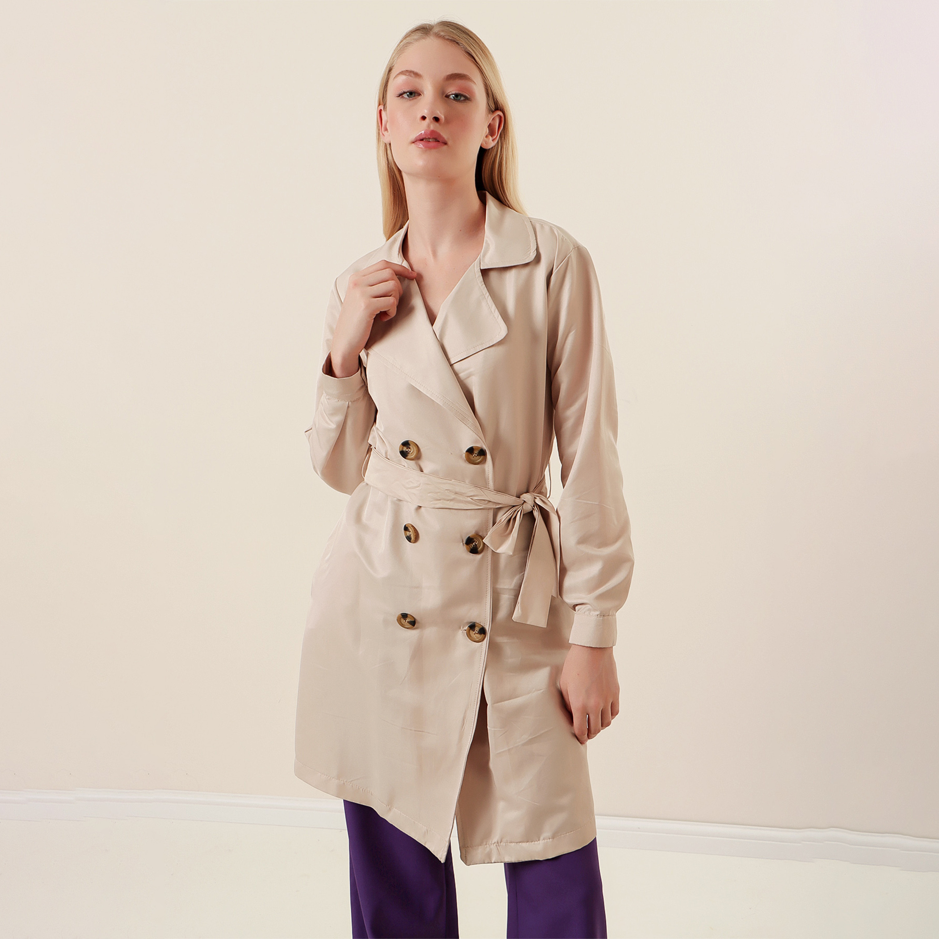 معطف ترنش مزدوج الصدر بياقة مطوية نسائي من بيجدارت-women-clothing-coatsandjackets-coats-image-1