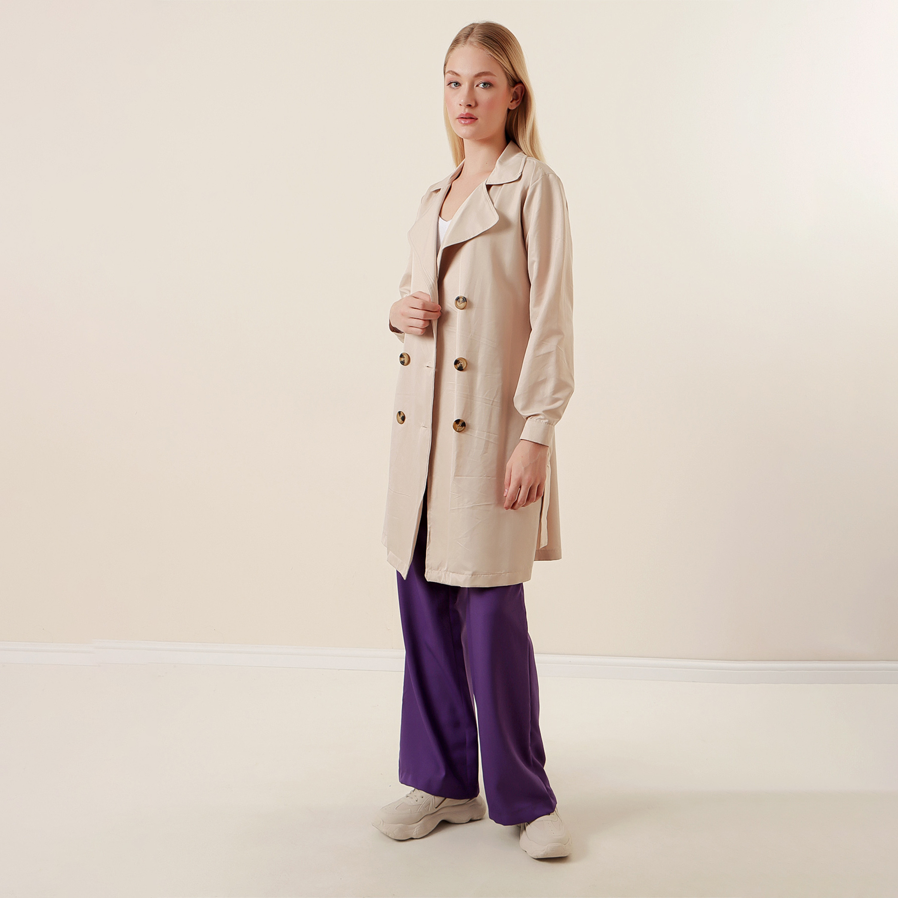 معطف ترنش مزدوج الصدر بياقة مطوية نسائي من بيجدارت-women-clothing-coatsandjackets-coats-image-2