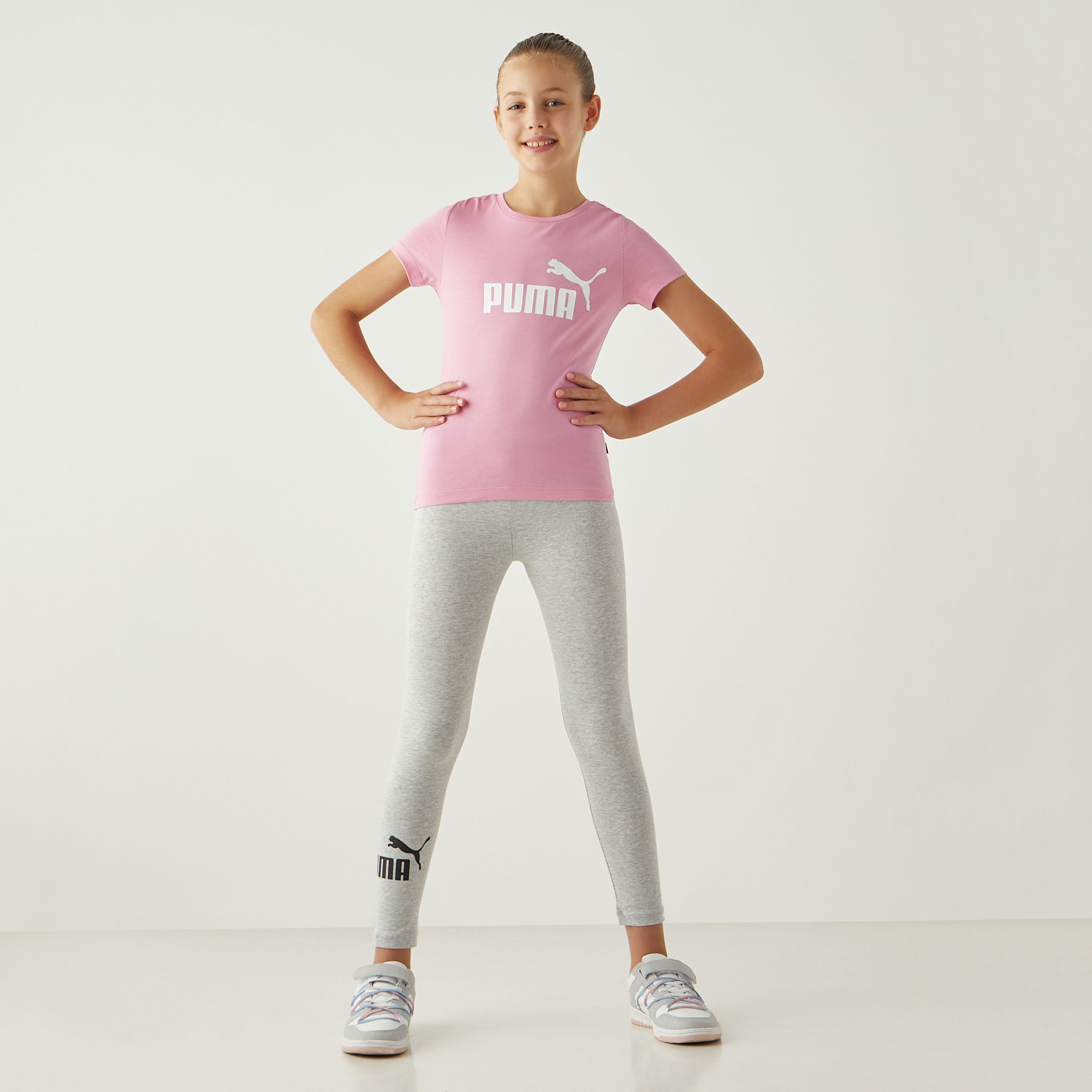 PUMA Logo Print Round Neck T-shirt with Short Sleeves-sports-girls-clothing-tops-image-2