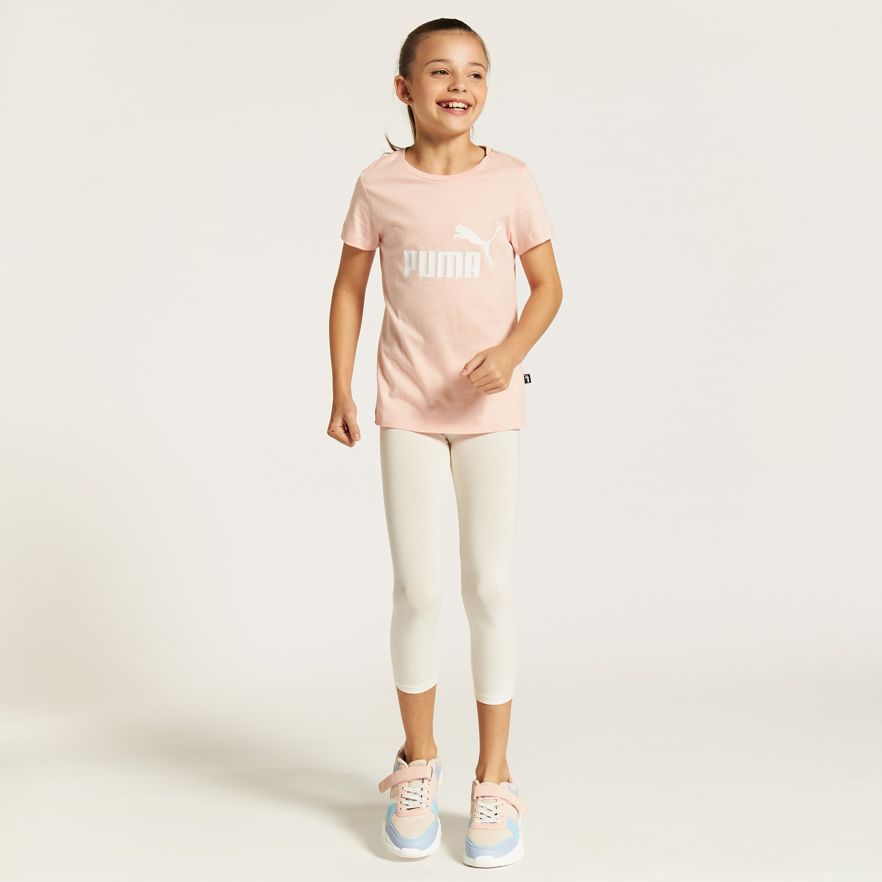 PUMA Logo Print Round Neck T-shirt with Short Sleeves-sports-girls-clothing-tops-image-2