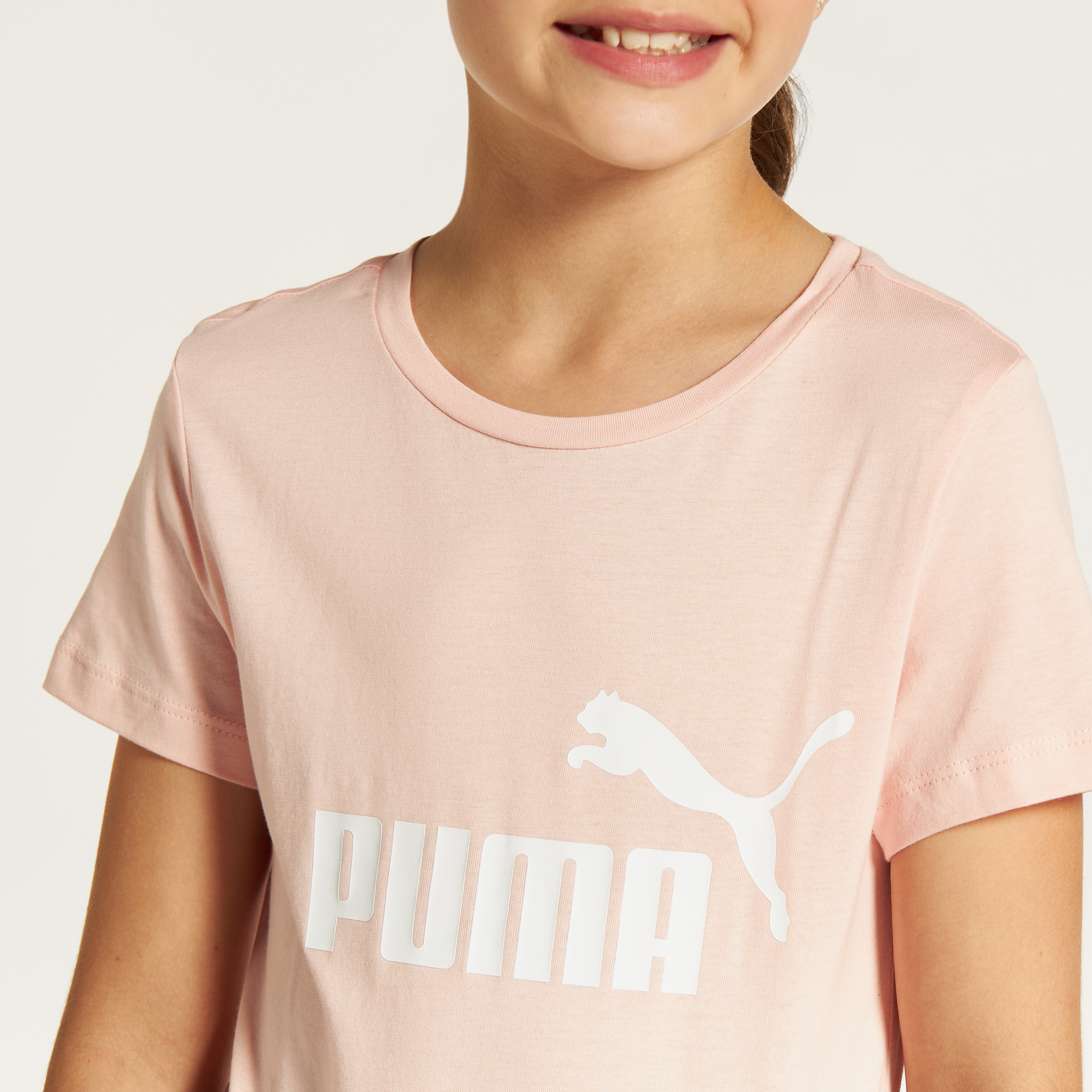 PUMA Logo Print Round Neck T-shirt with Short Sleeves-sports-girls-clothing-tops-image-3