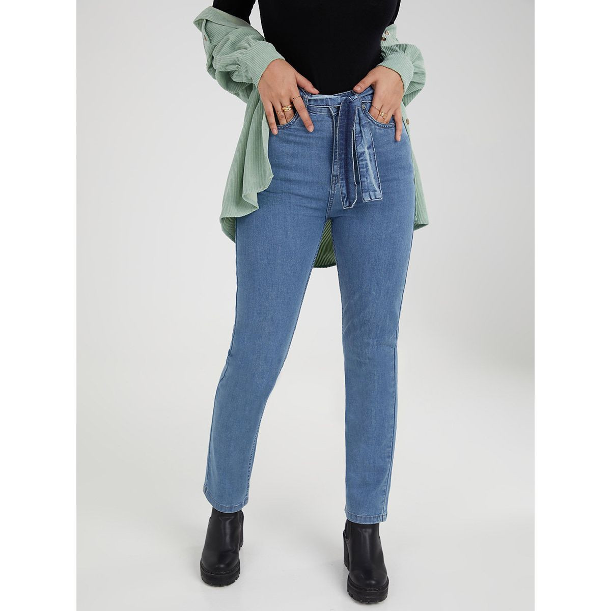 Shop Styli Self Tie High Waist Slim Jeans Online | Centrepoint Kuwait