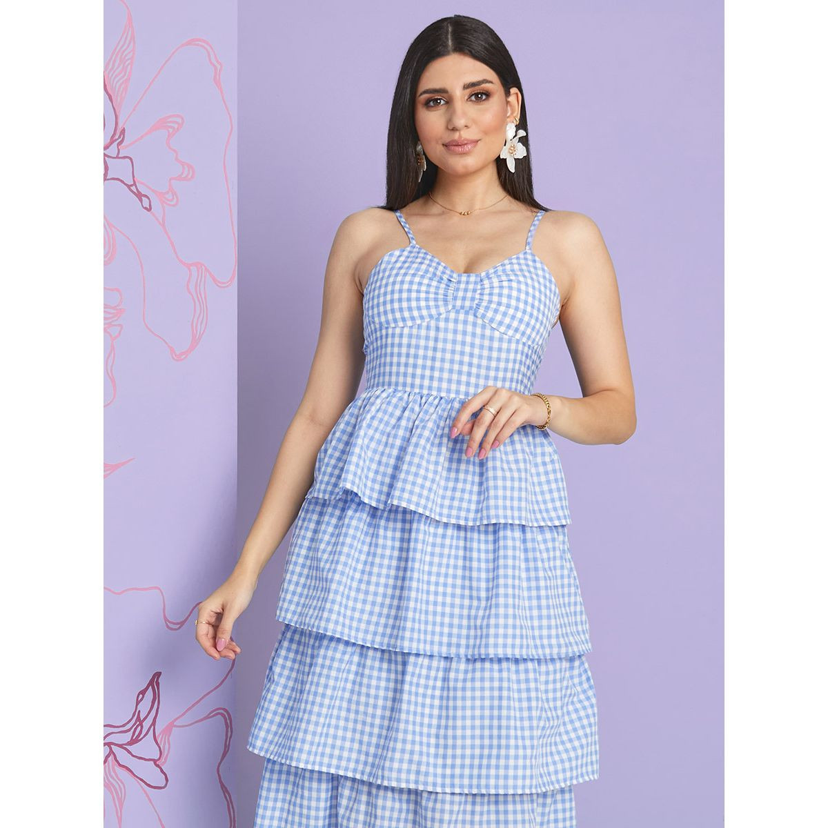 Styli Strappy Gingham Check Layered Midi Dress-women-clothing-dresses-image-2