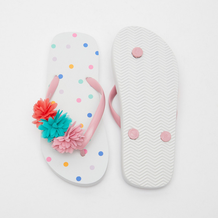 Polka Dot Print Thong Slippers with Floral Accent