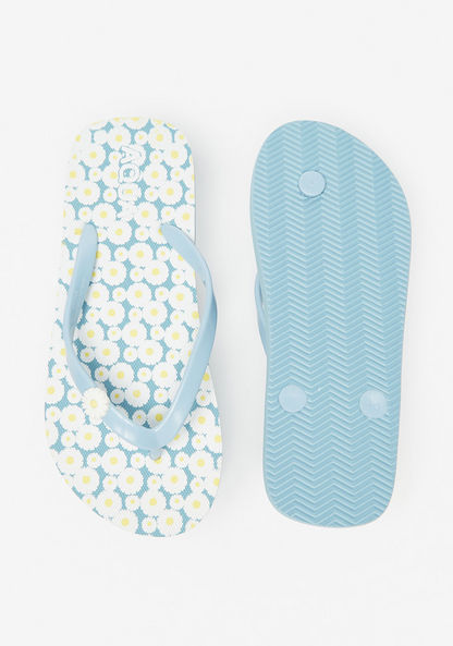 Aqua Floral Print Thong Slippers-Girl%27s Flip Flops & Beach Slippers-image-3