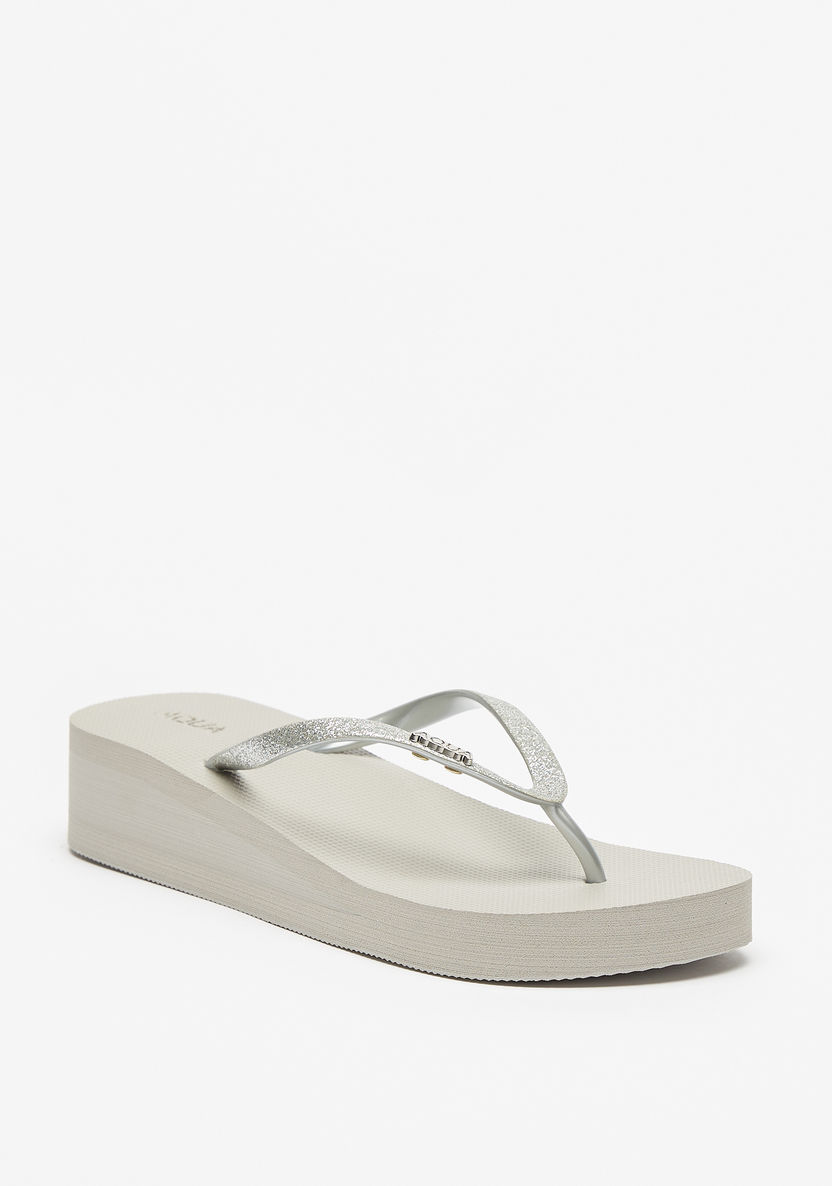 Aqua Glitter Print Thong Slippers with Flatform Heels-Women%27s Flip Flops & Beach Slippers-image-1