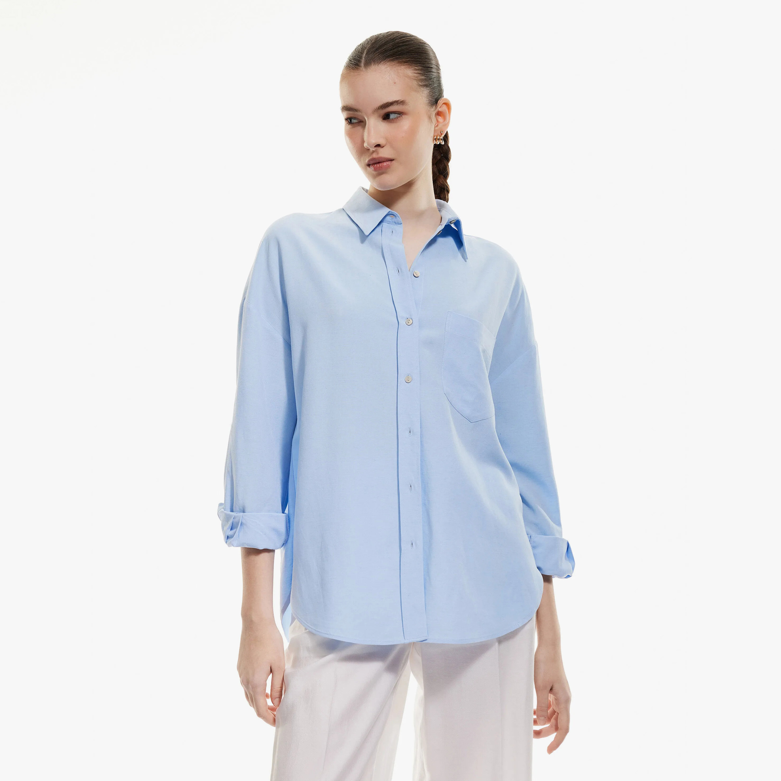 KOTON Blue Linen Collared Dropped Sleeves Women's Shirt-women-clothing-shirtsandblouses-shirts-image-1