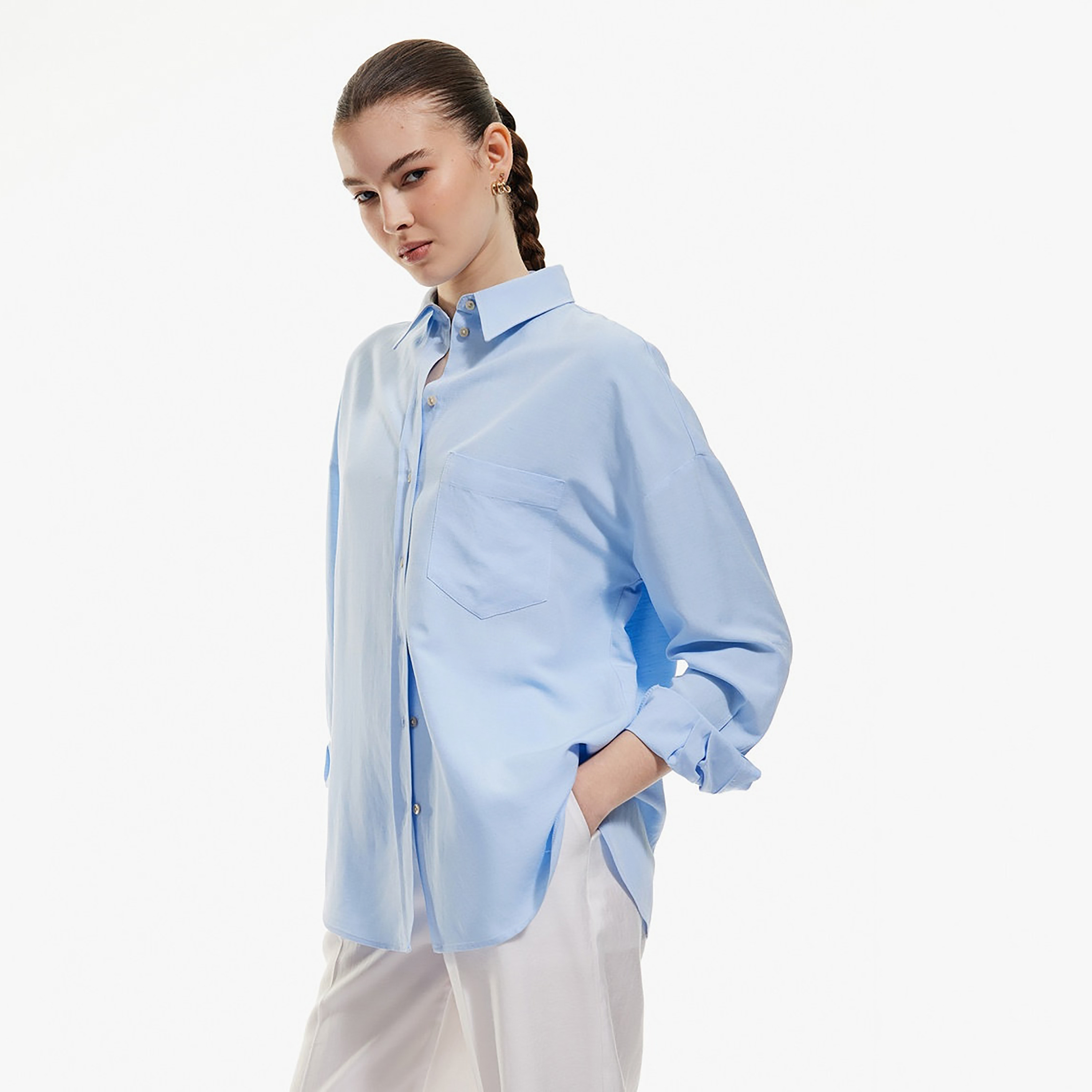 KOTON Blue Linen Collared Dropped Sleeves Women's Shirt-women-clothing-shirtsandblouses-shirts-image-2