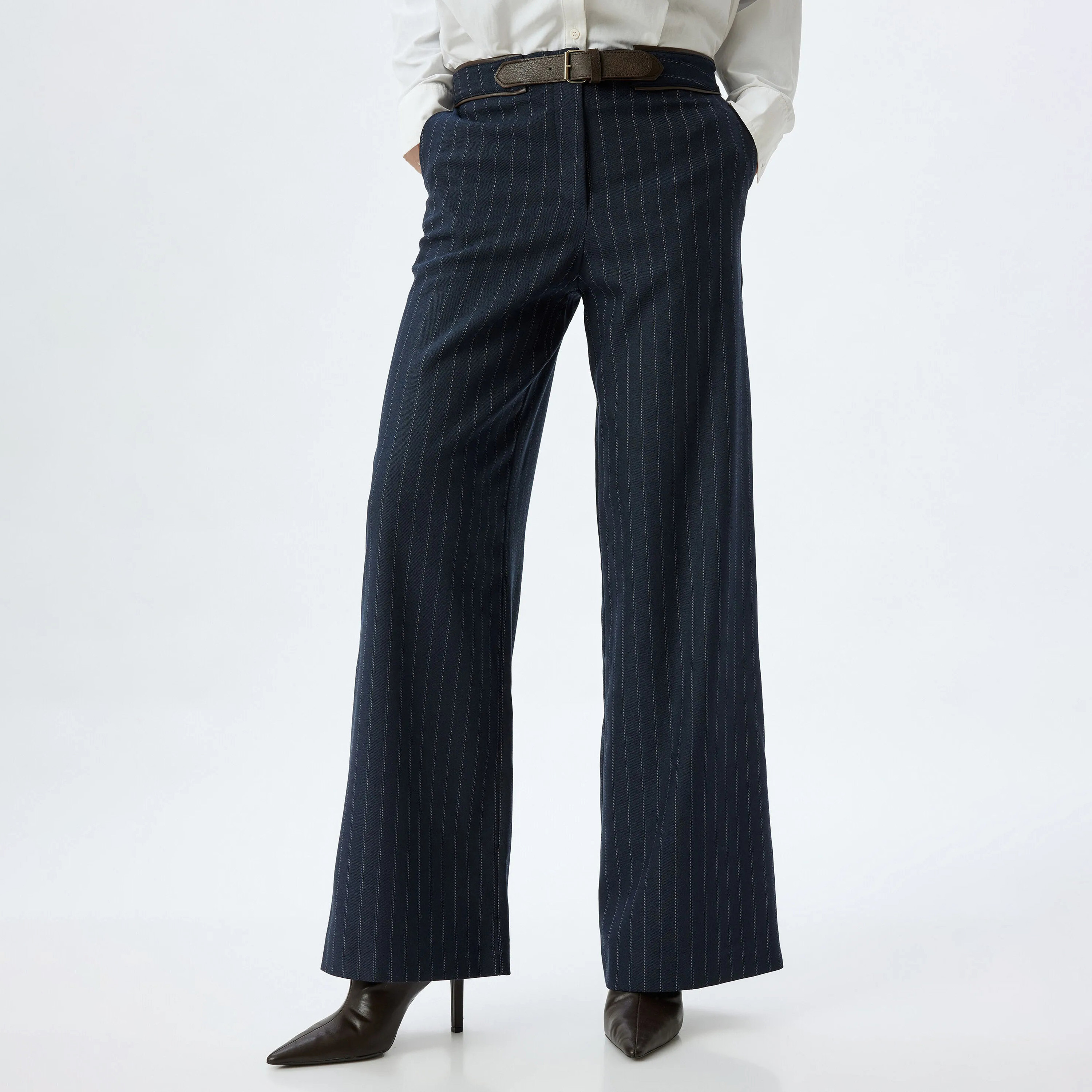 Koton Dark Blue Striped Straight Leg Women's Trousers-women-clothing-trousers-image-1