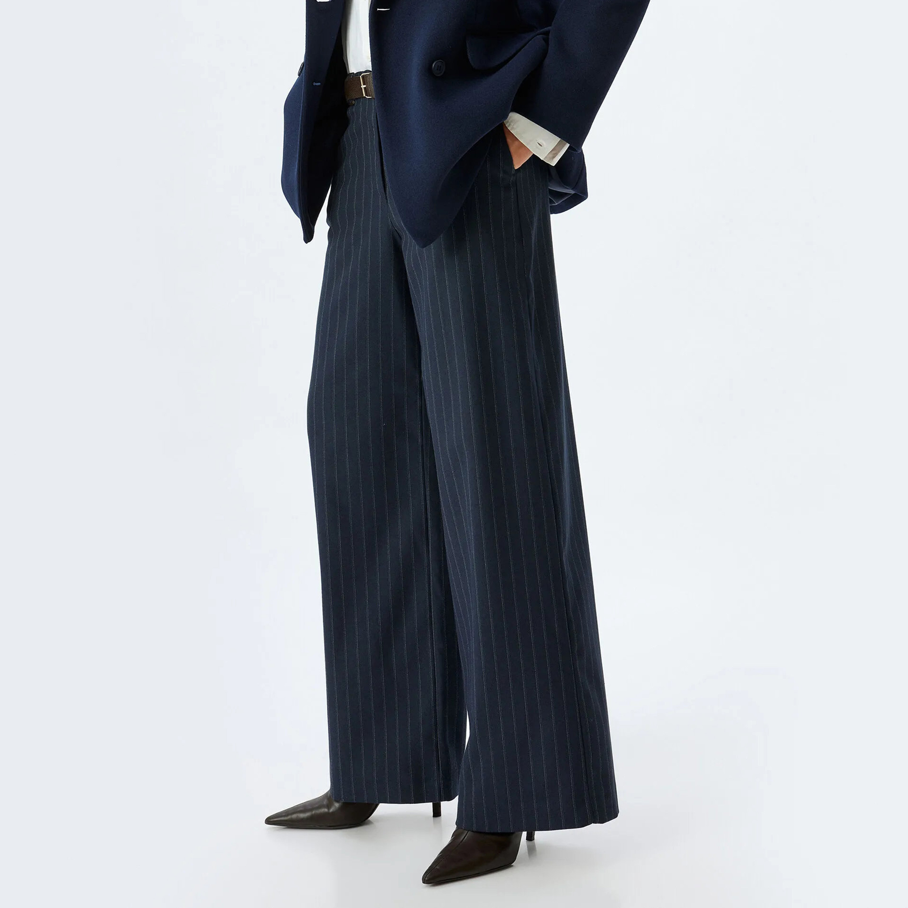 Koton Dark Blue Striped Straight Leg Women's Trousers-women-clothing-trousers-image-3