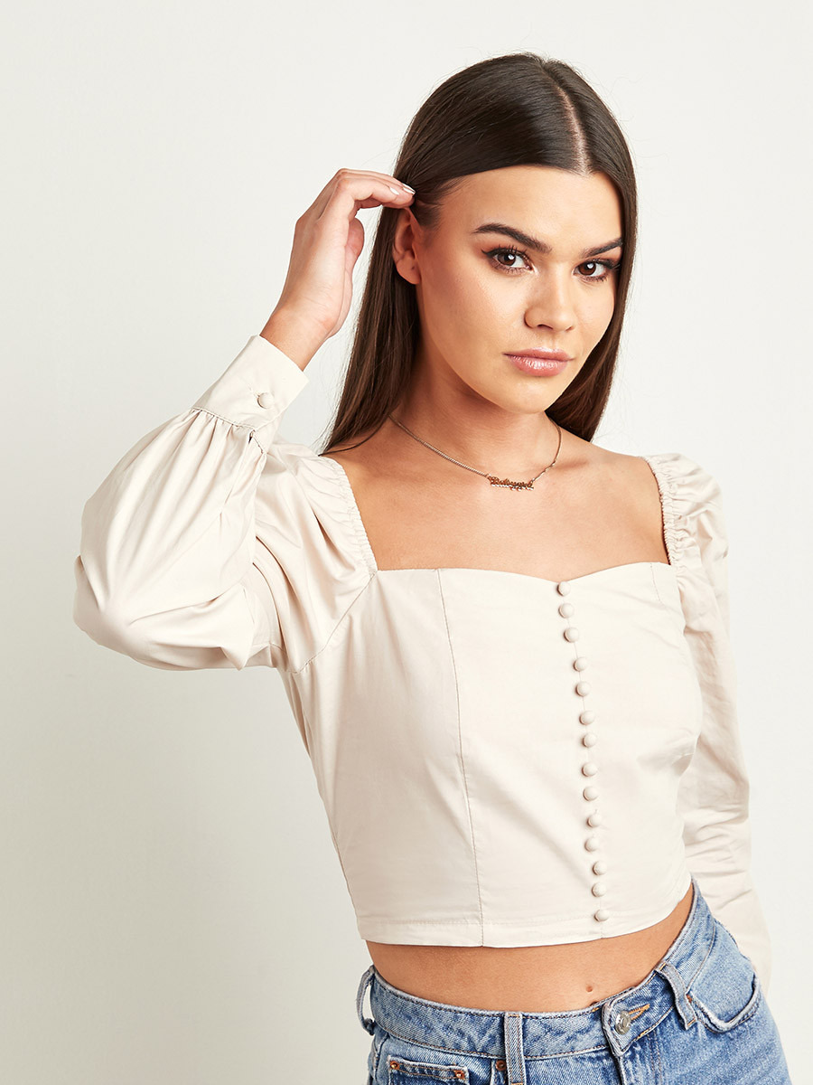 بلوزة قصيرة سادة بأكمام طويلة من ستايلي-women-clothing-shirtsandblouses-blouses-image-1