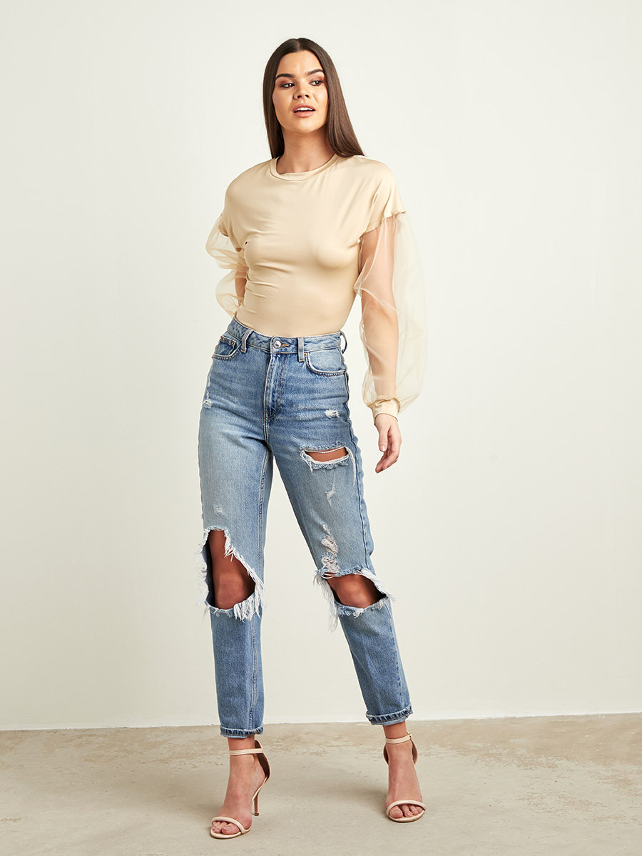 Styli Plain Round Neck Bodysuit with Long Organza Sleeves-women-clothing-tshirts-image-3