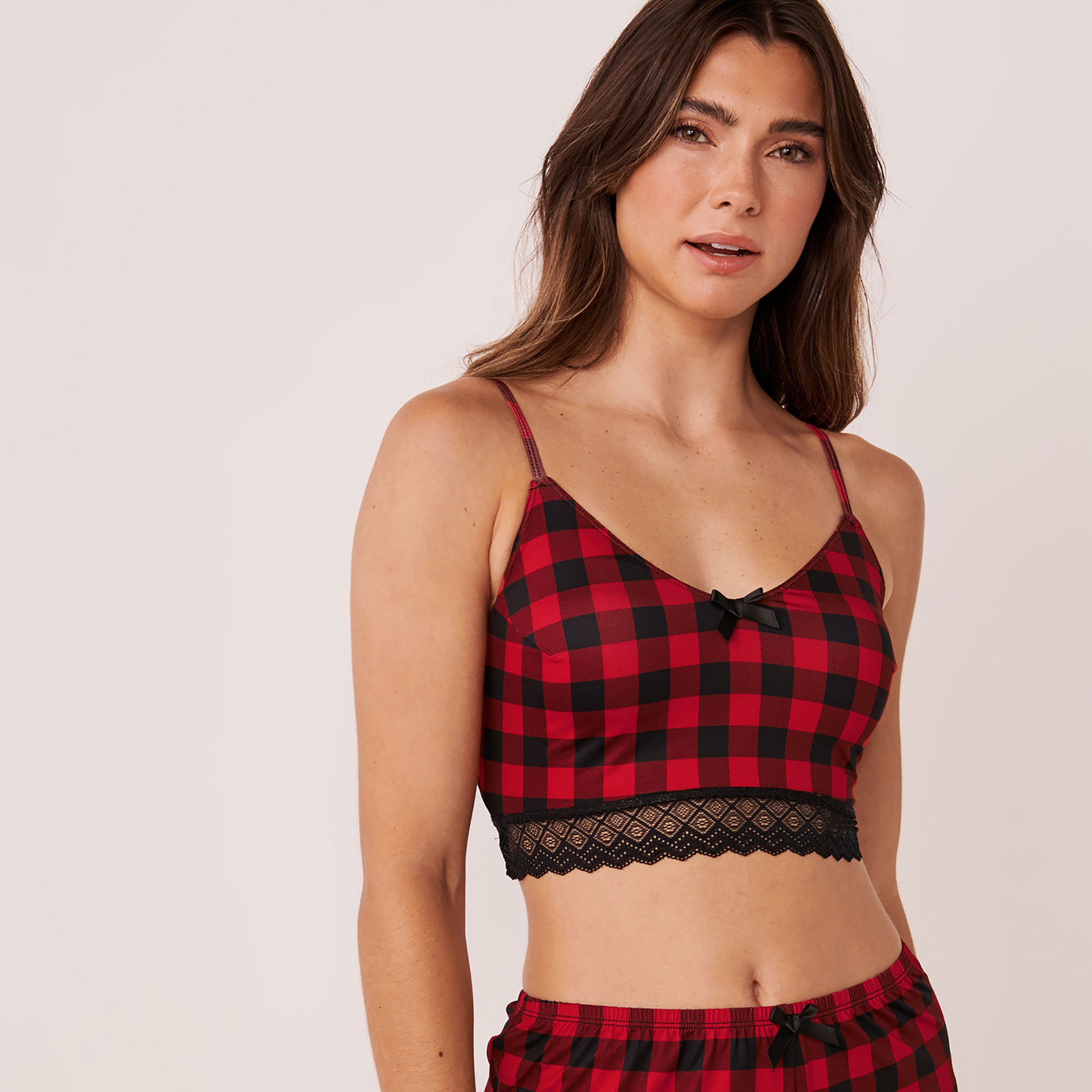 La Vie en Rose Checked Lace Trim Crop Camisole-women-clothing-lingerie-camisoles-image-1
