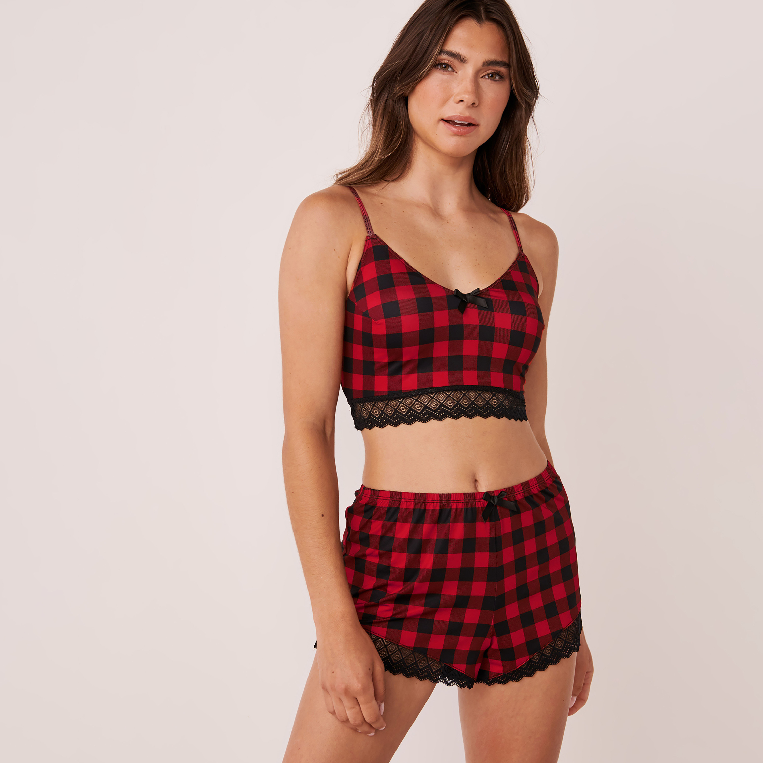 La Vie en Rose Checked Lace Trim Crop Camisole-women-clothing-lingerie-camisoles-image-4