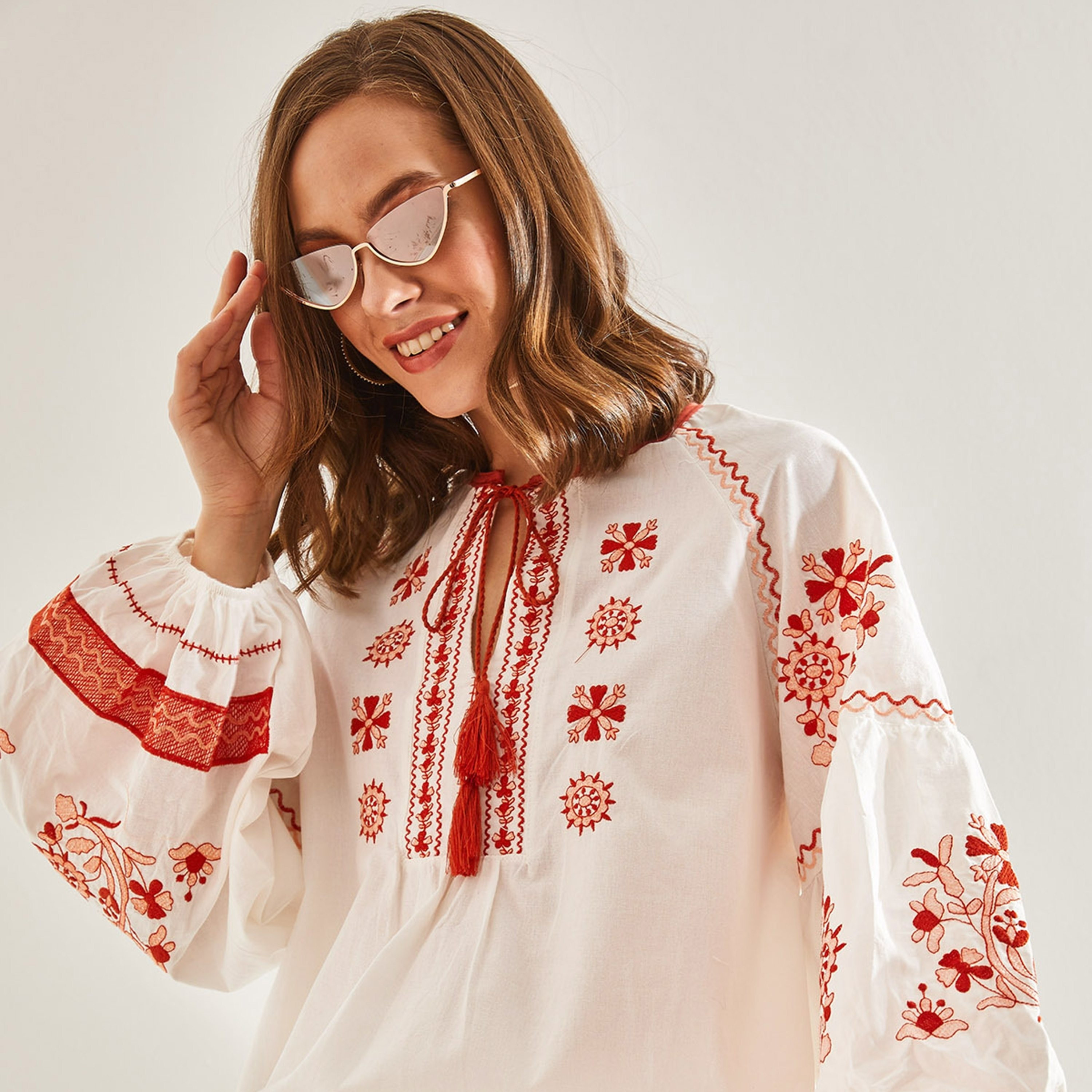 Bianco Lucci Embroidered Balloon Sleeves White Women's Tie-Up Blouse-women-clothing-shirtsandblouses-blouses-image-4