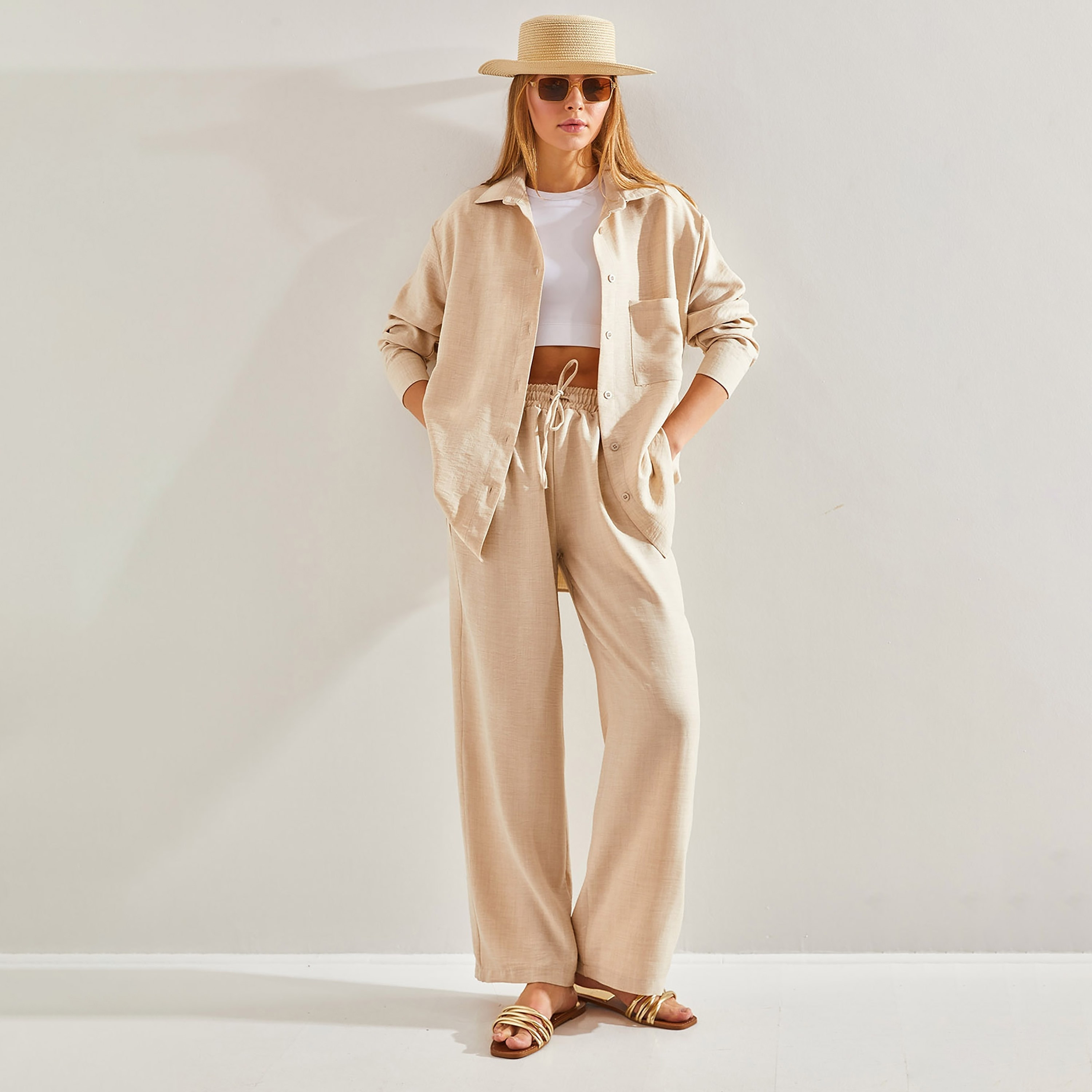 Bianco Lucci 2-Piece Textured Collared Shirt and Pants Women's Co-Ord Set-women-clothing-coordsets-image-1
