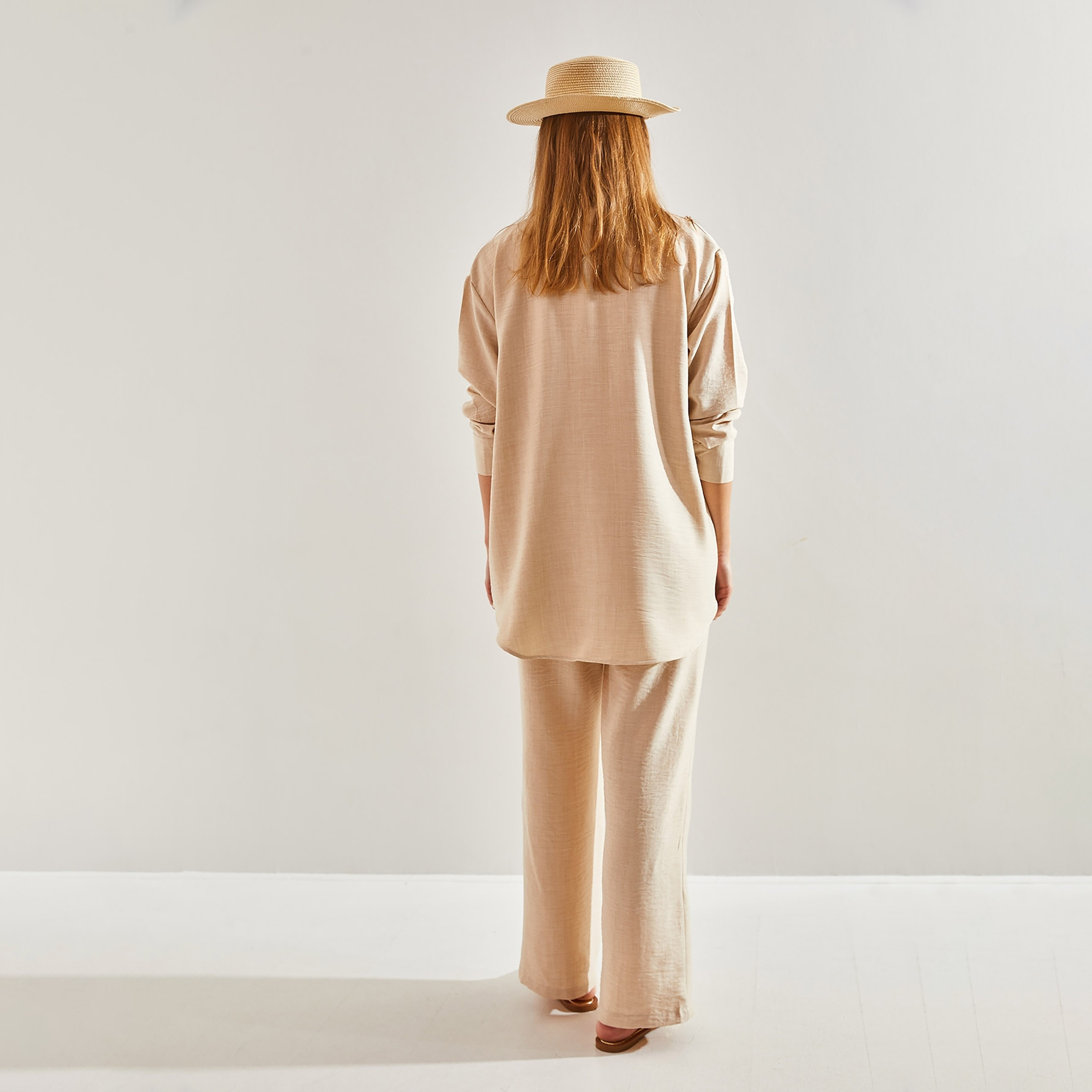Bianco Lucci 2-Piece Textured Collared Shirt and Pants Women's Co-Ord Set-women-clothing-coordsets-image-4