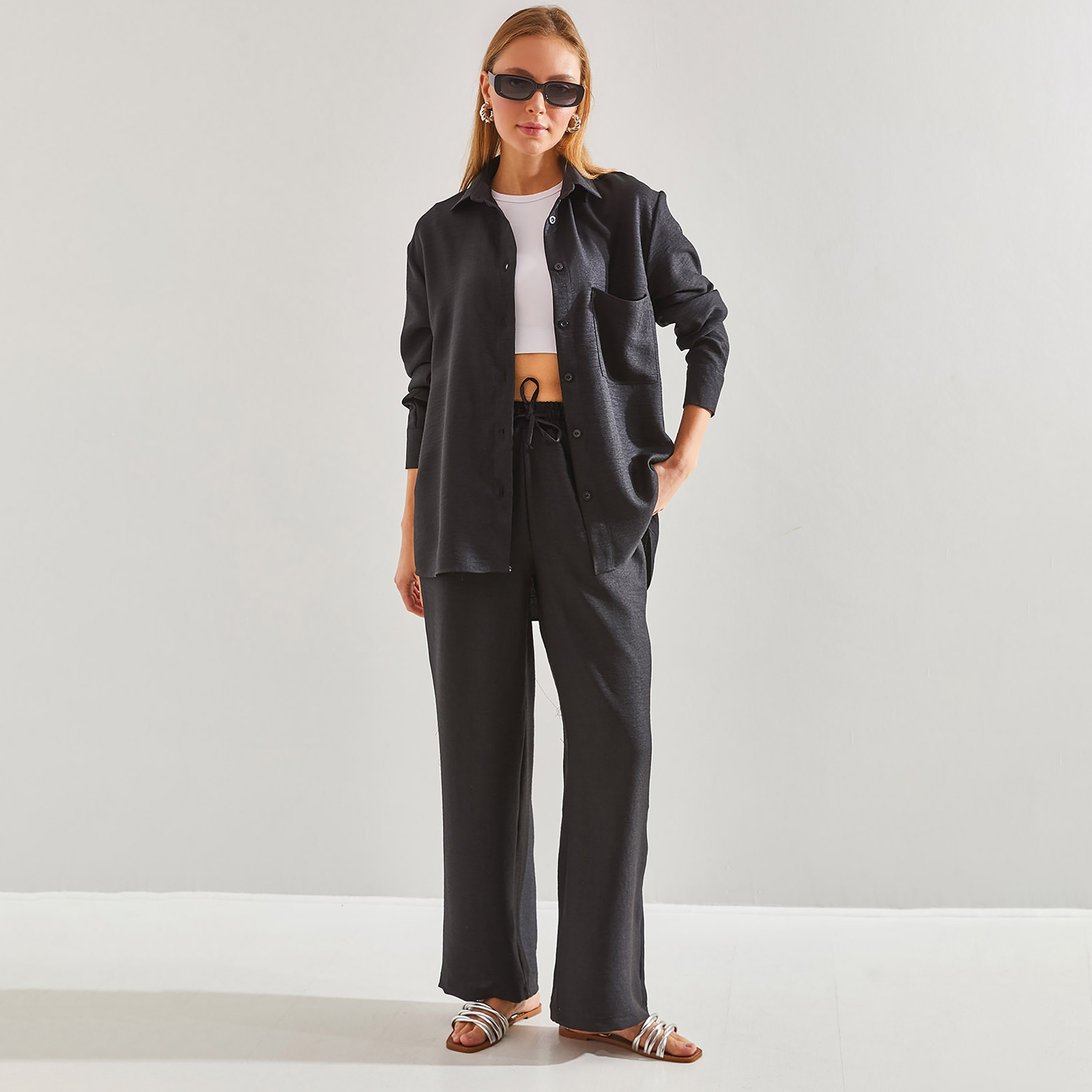 Bianco Lucci 2-Piece Textured Collared Shirt and Pants Women's Co-Ord Set-women-clothing-coordsets-image-6