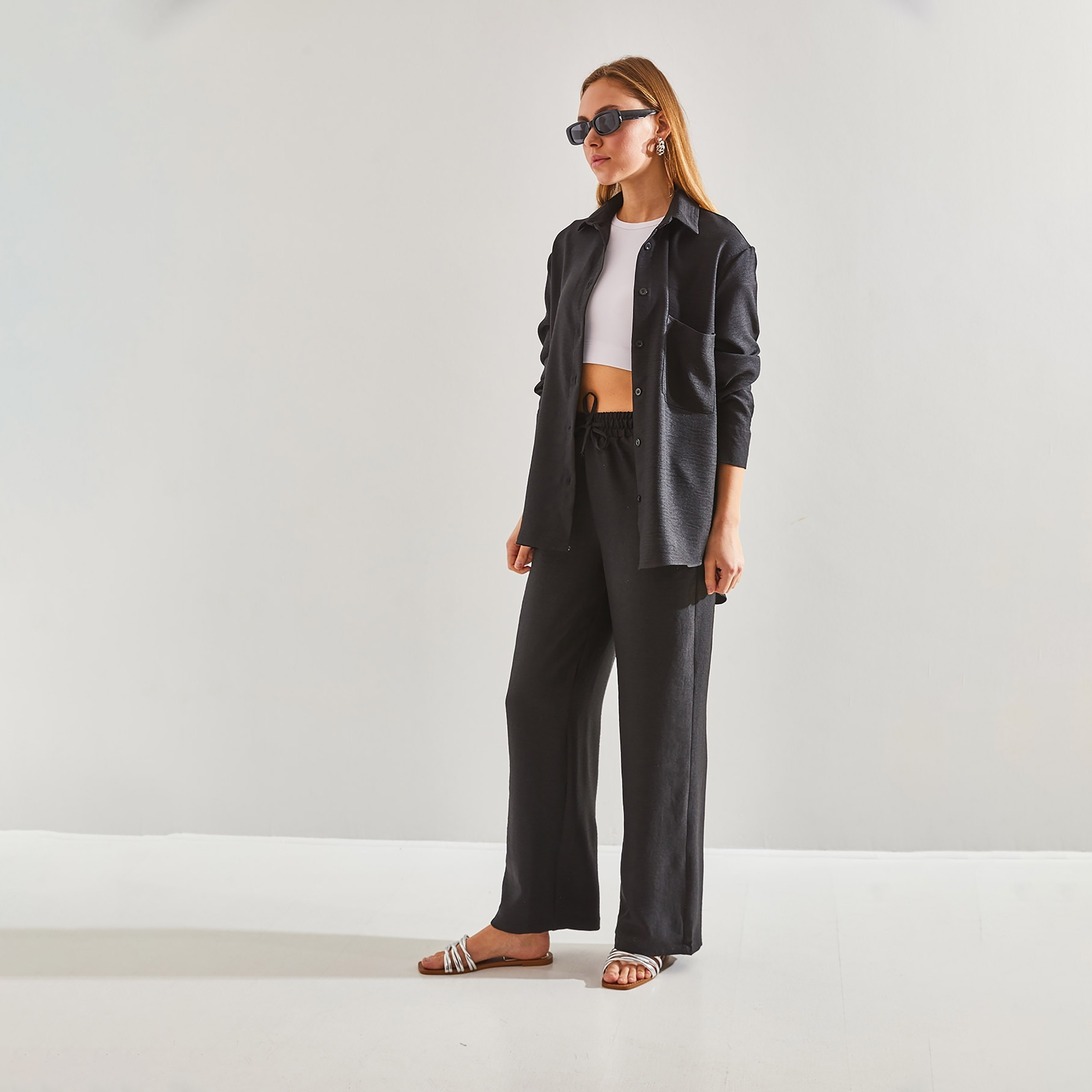 Bianco Lucci 2-Piece Textured Collared Shirt and Pants Women's Co-Ord Set-women-clothing-coordsets-image-7