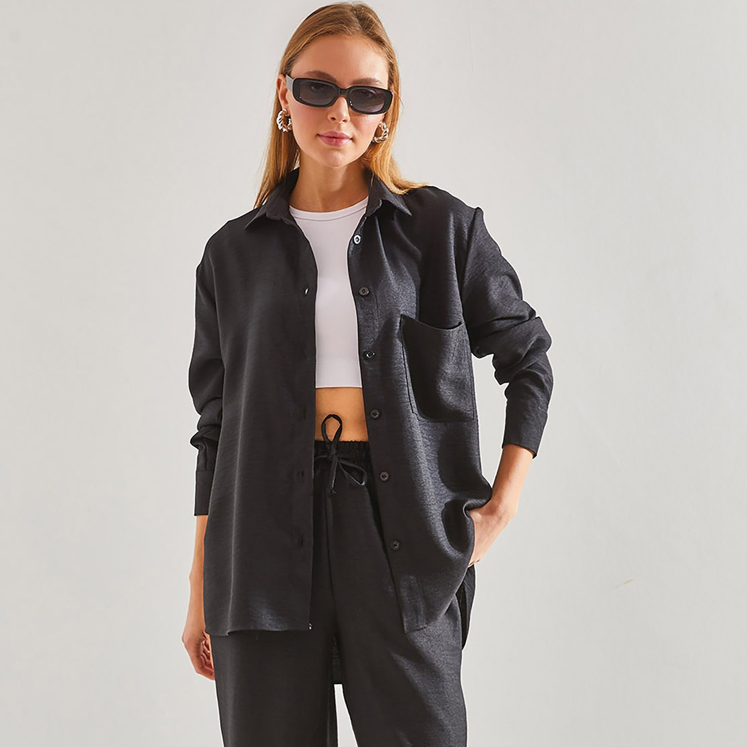 Bianco Lucci 2-Piece Textured Collared Shirt and Pants Women's Co-Ord Set-women-clothing-coordsets-image-8