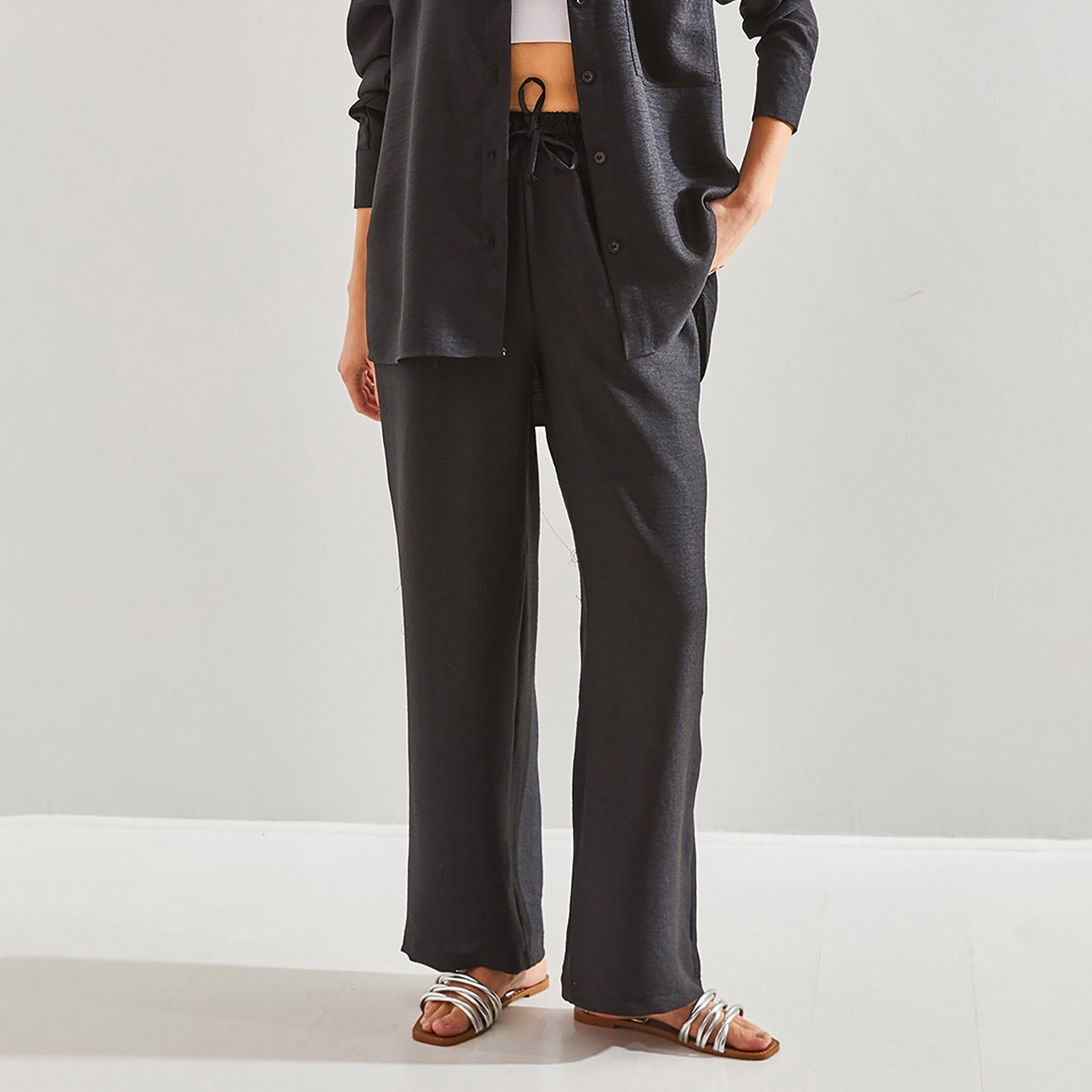 Bianco Lucci 2-Piece Textured Collared Shirt and Pants Women's Co-Ord Set-women-clothing-coordsets-image-9