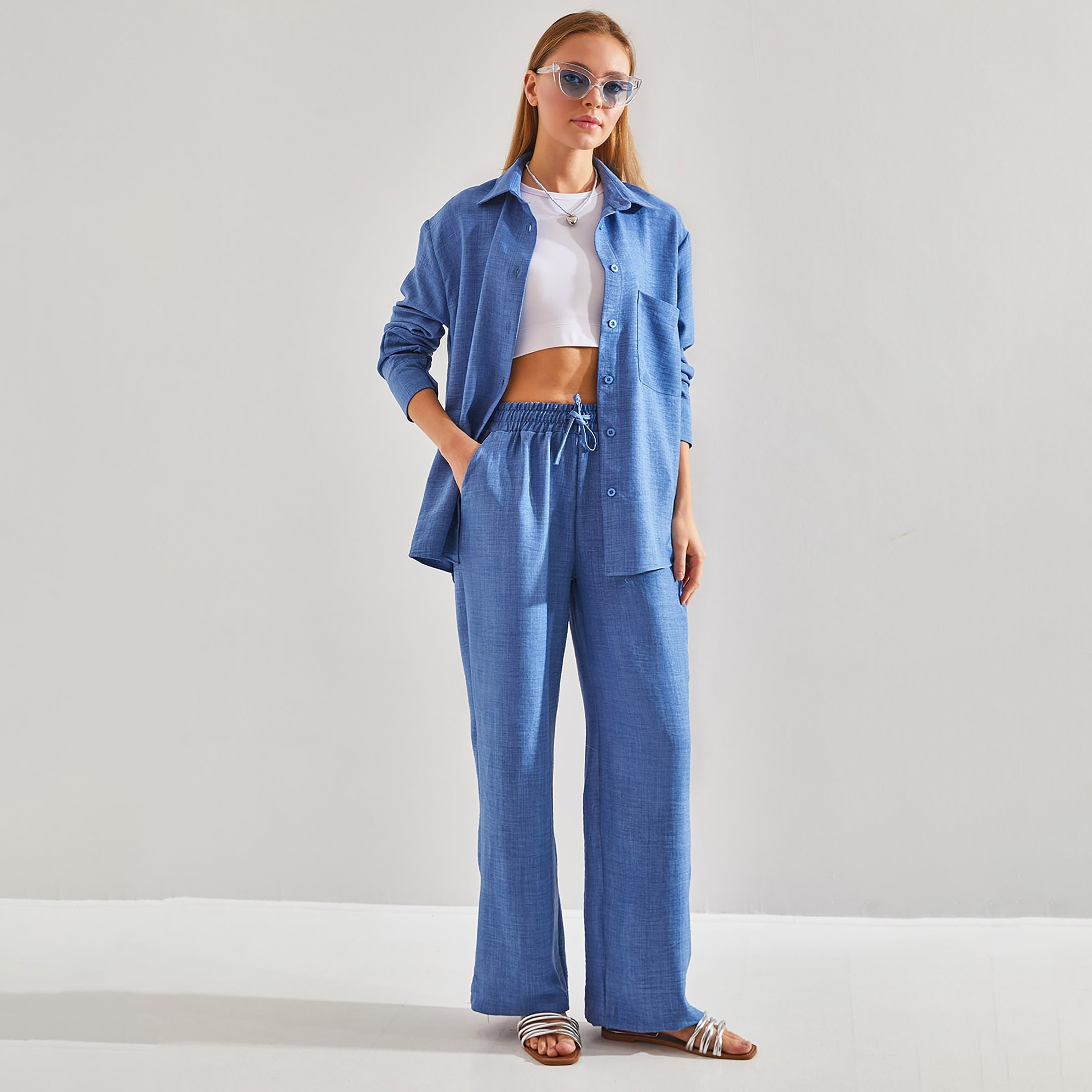 Bianco Lucci 2-Piece Textured Collared Shirt and Pants Women's Co-Ord Set-women-clothing-coordsets-image-11