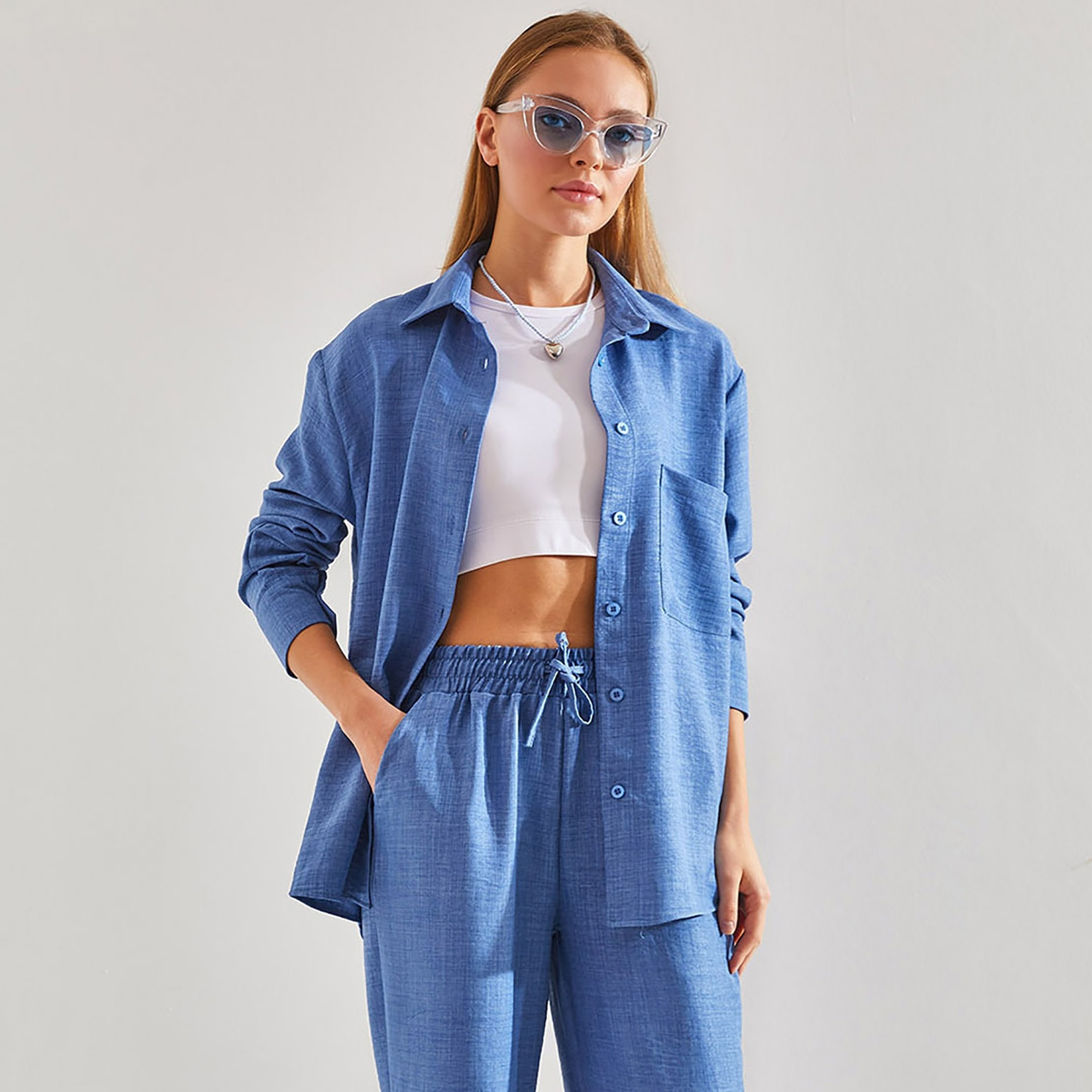 Bianco Lucci 2-Piece Textured Collared Shirt and Pants Women's Co-Ord Set-women-clothing-coordsets-image-12