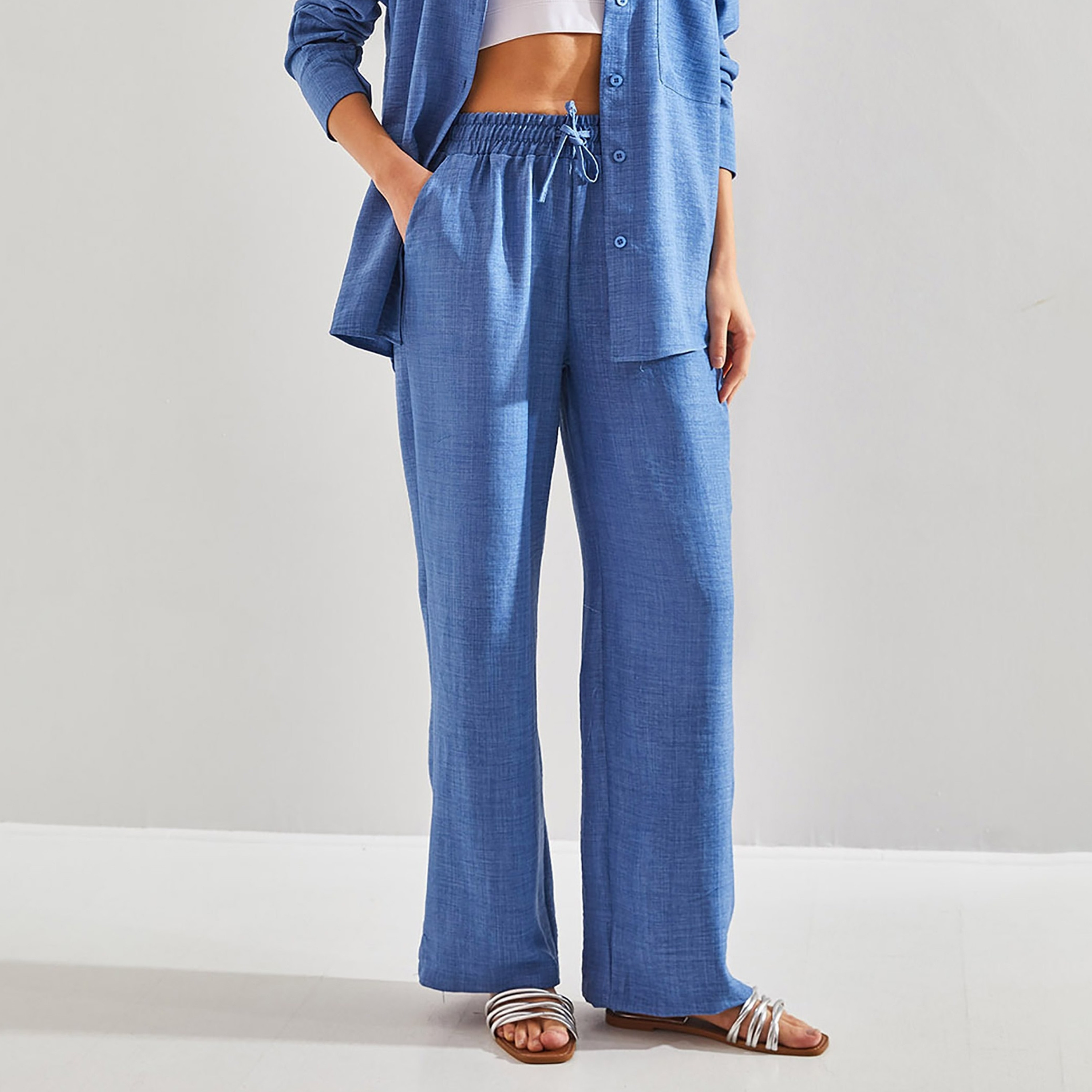 Bianco Lucci 2-Piece Textured Collared Shirt and Pants Women's Co-Ord Set-women-clothing-coordsets-image-13