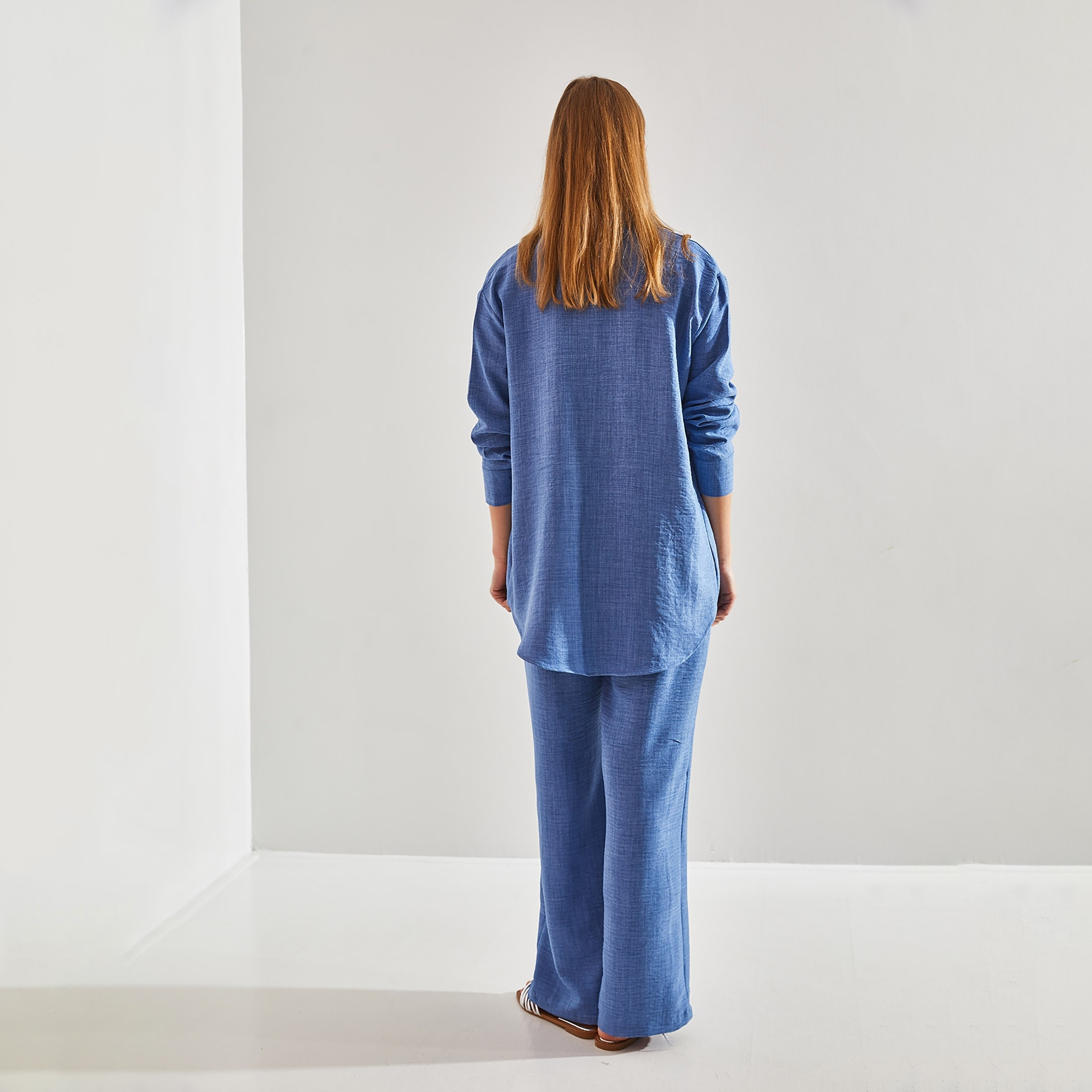 Bianco Lucci 2-Piece Textured Collared Shirt and Pants Women's Co-Ord Set-women-clothing-coordsets-image-14