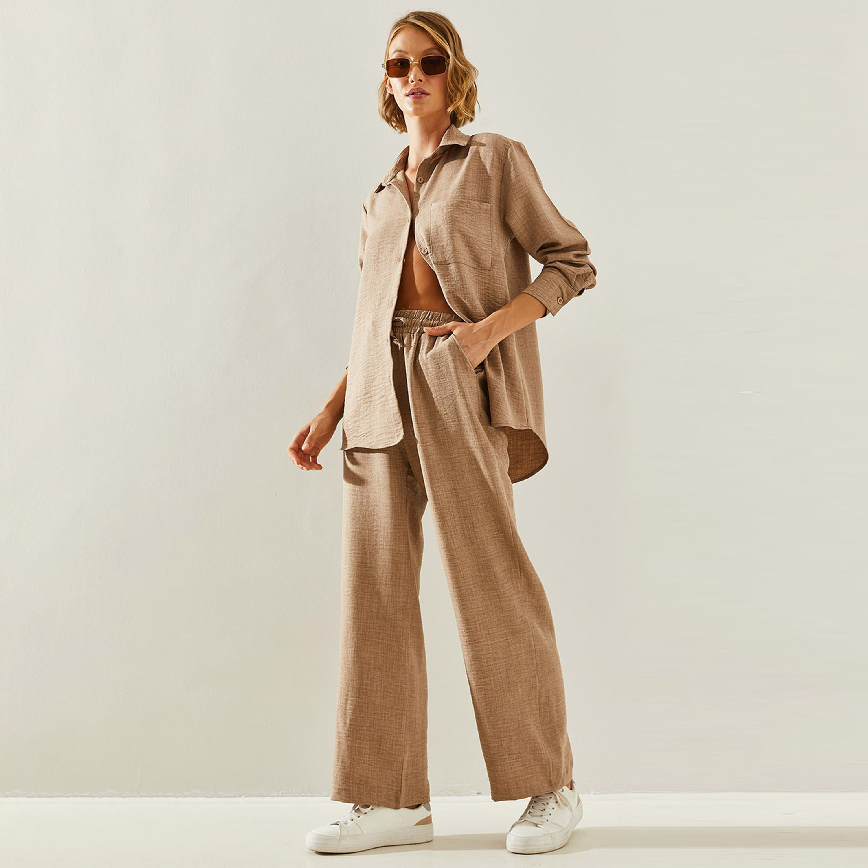 Bianco Lucci 2-Piece Textured Collared Shirt and Pants Women's Co-Ord Set-women-clothing-coordsets-image-16